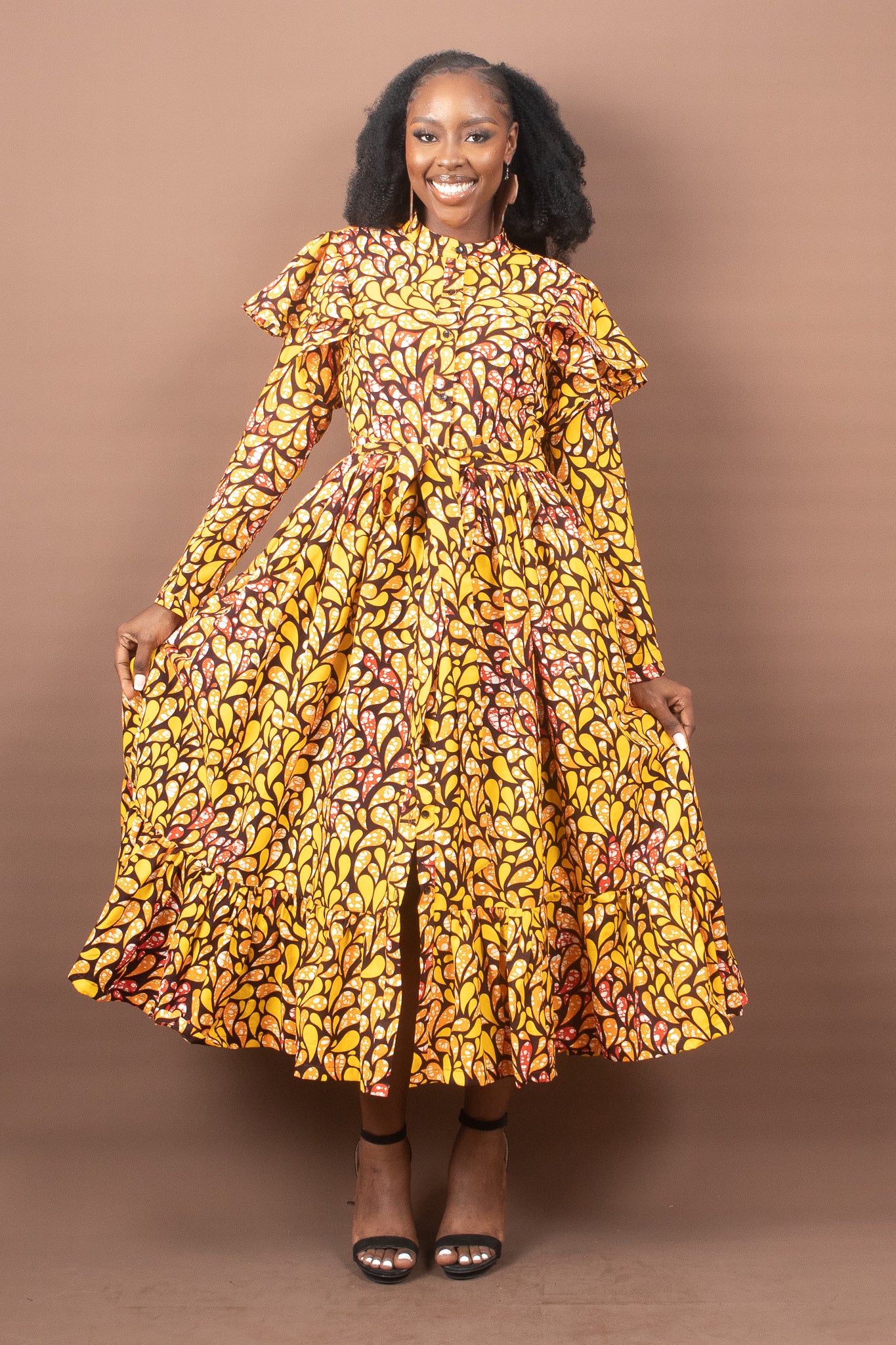 AHYANA African Print Ankara Midi Shirt Dress, Yellow