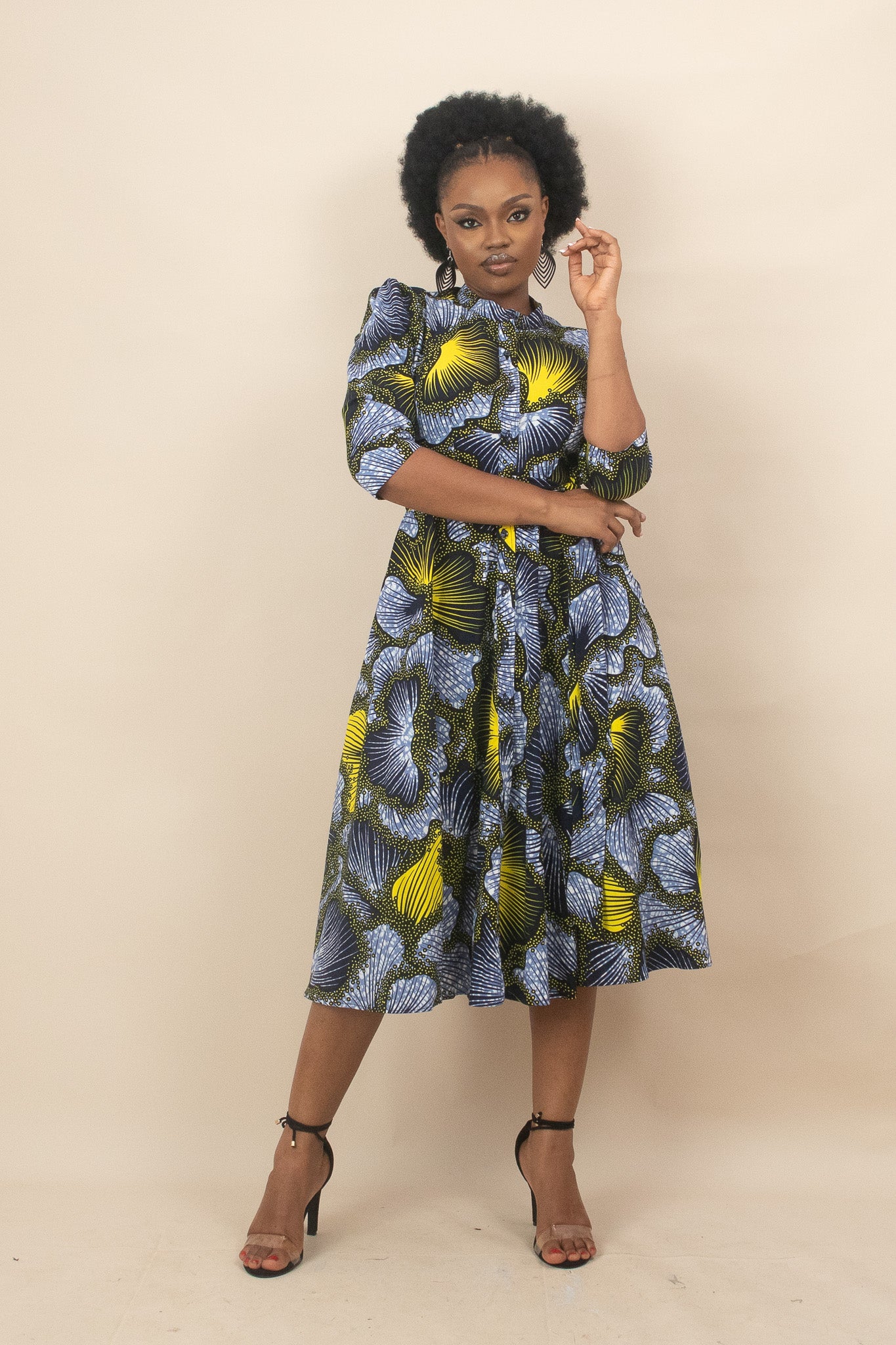 ALALI African Print Ankara Floral Midi Shirt dress