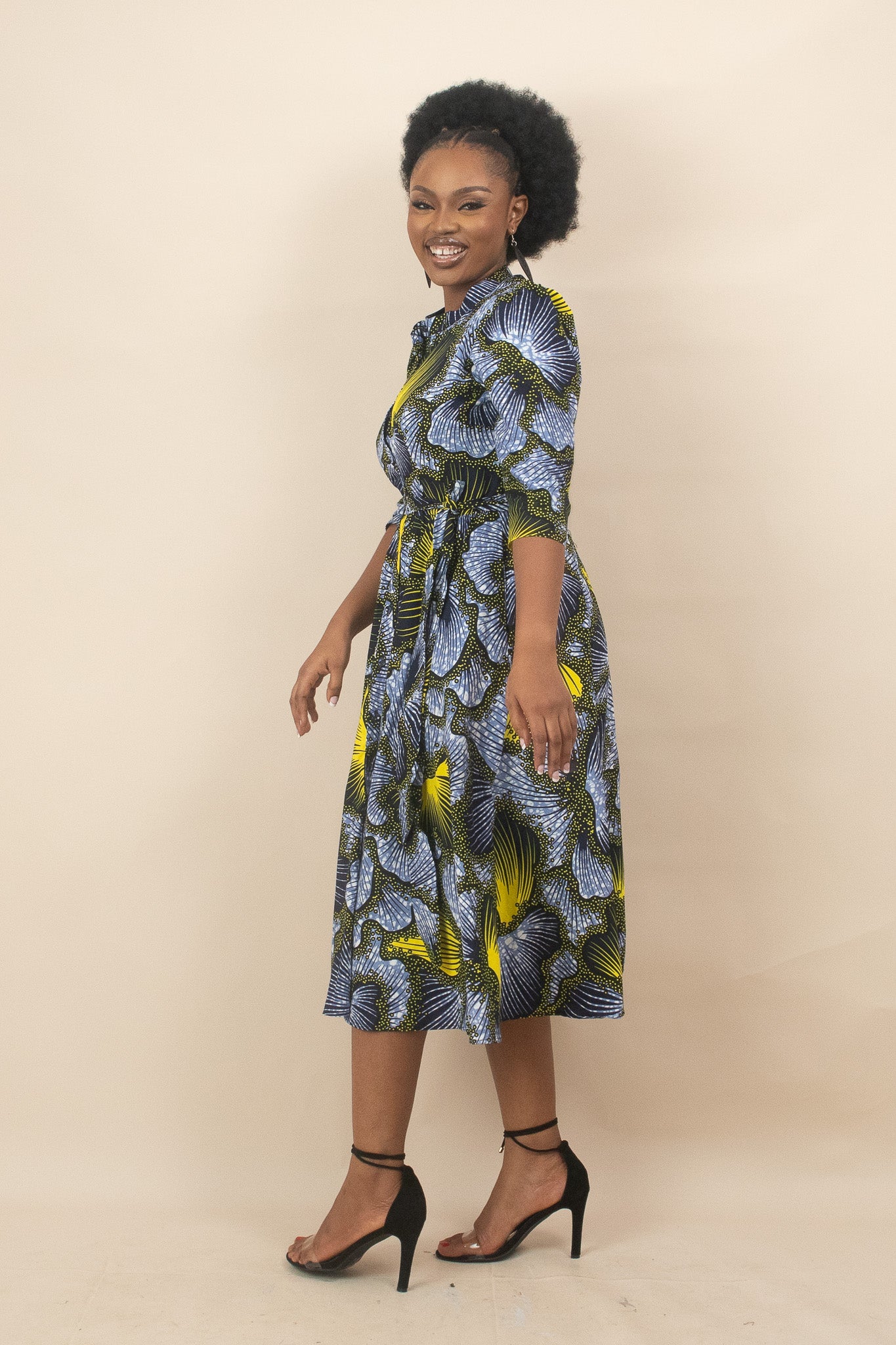 ALALI African Print Ankara Floral Midi Shirt dress