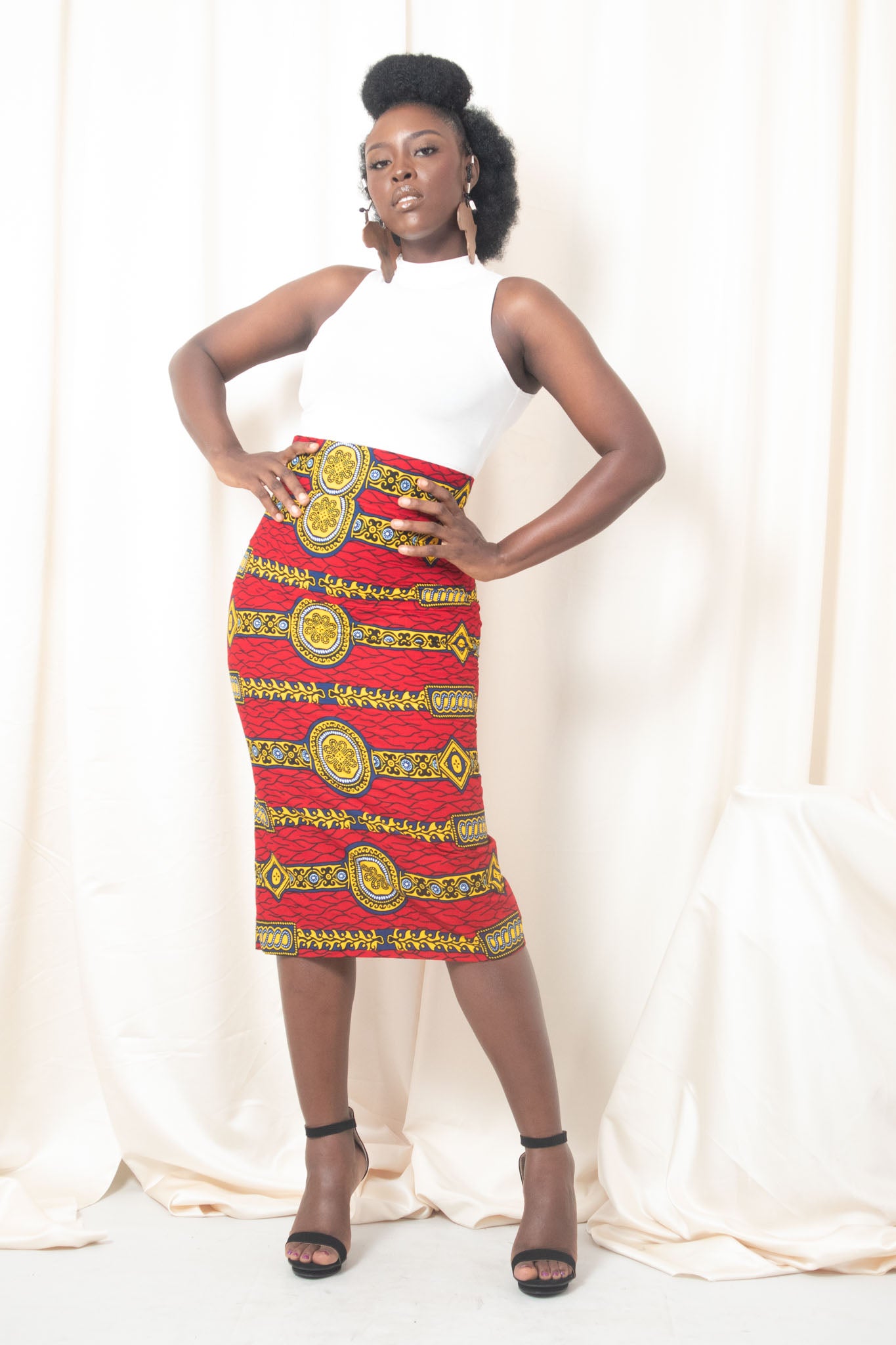 AMA African Print Ankara Midi Pencil Skirt - Red, Yellow