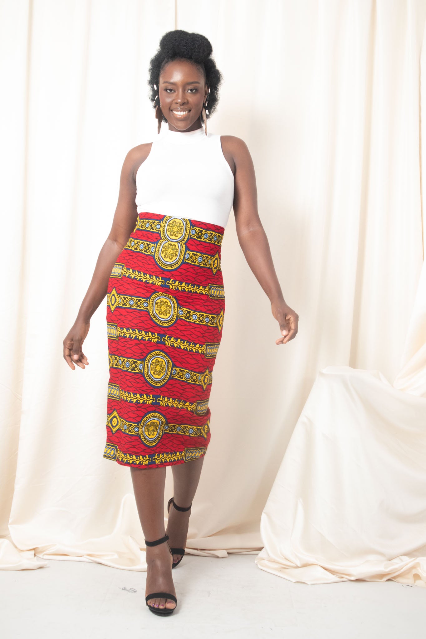 AMA African Print Ankara Midi Pencil Skirt - Red, Yellow