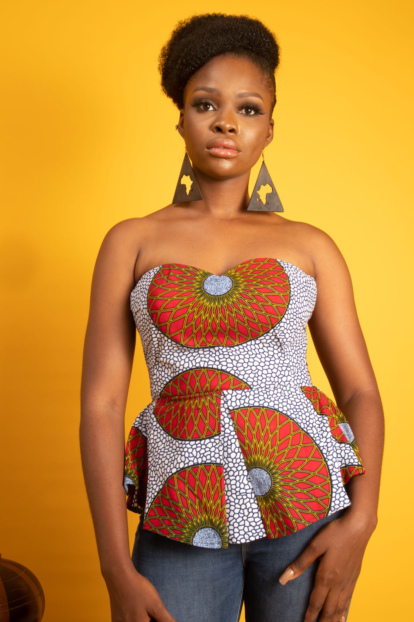 DALILA African Print Ankara Strapless Peplum Top, (White Red)