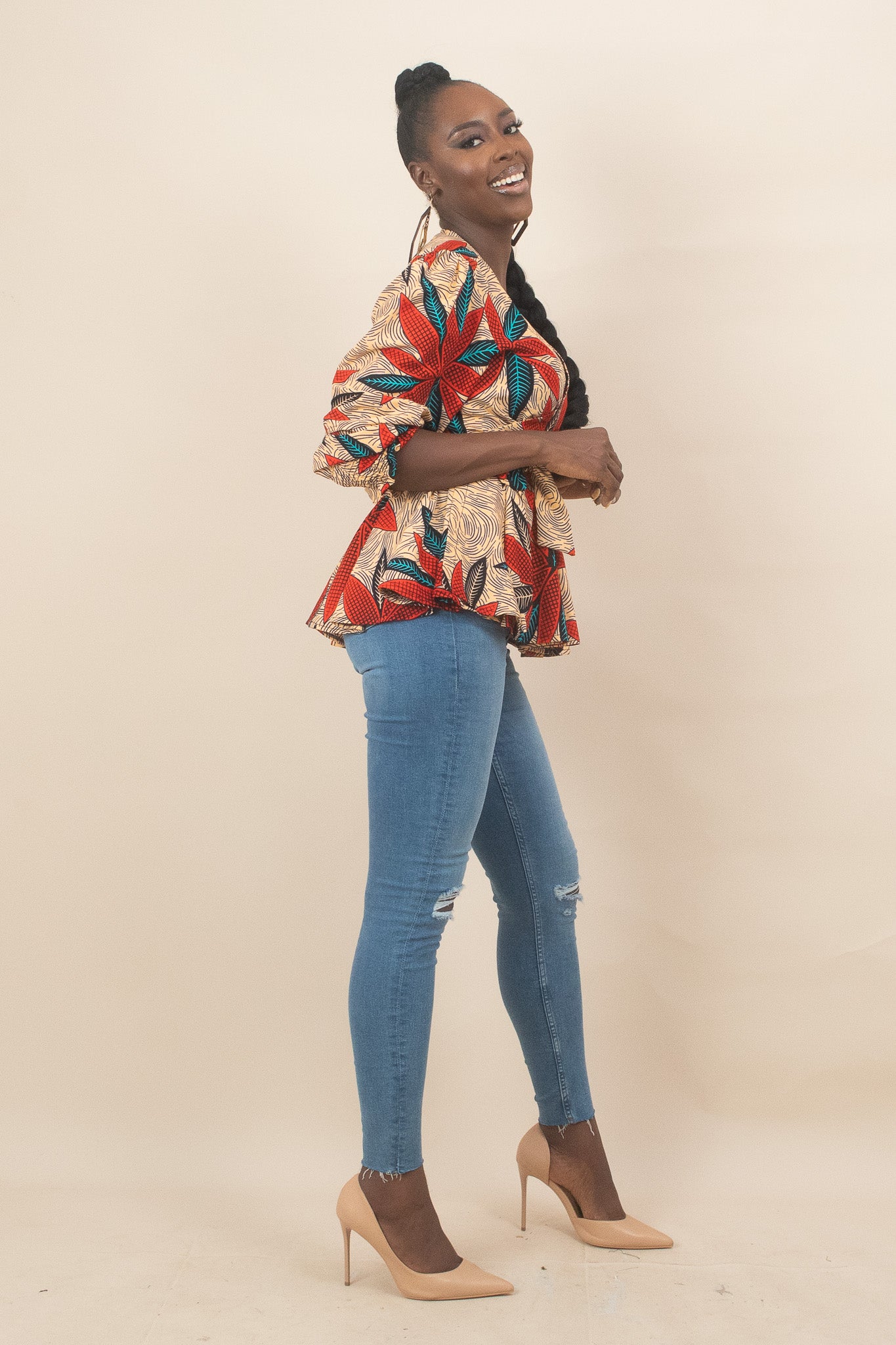 ENORE African Print Floral Long Sleeve Wrap Top