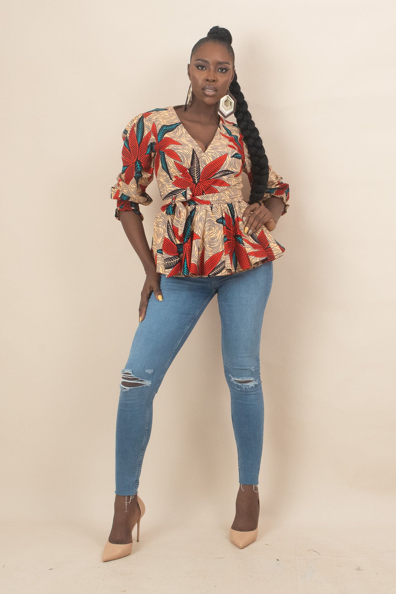 ENORE African Print Floral Long Sleeve Wrap Top