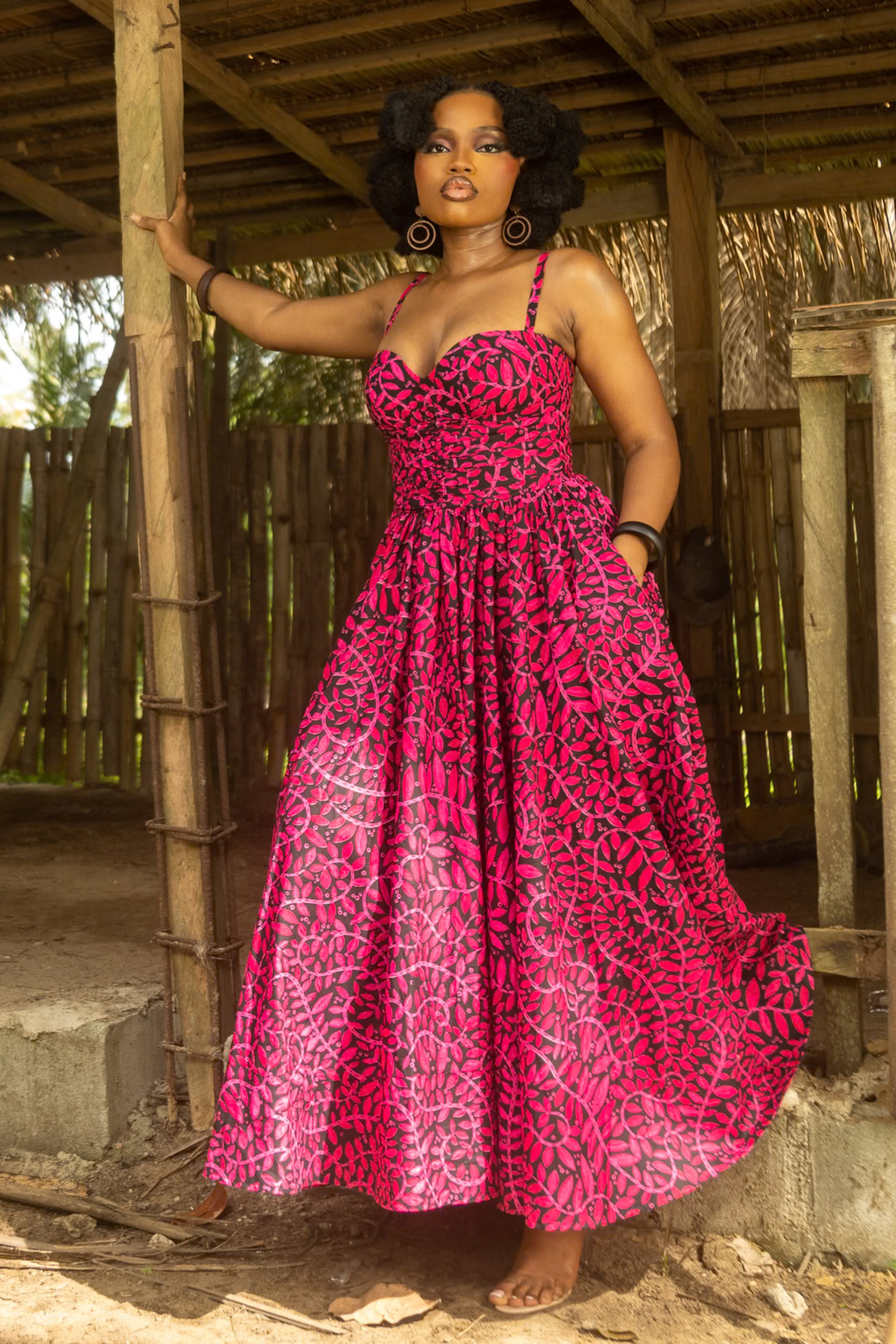 african print maxi dress Ankara EWA Draped Bodice Corset Autumn Maxi Dress & Material:Faux Leather 41 L 12 Color:Pink Tiles | (sv2323)