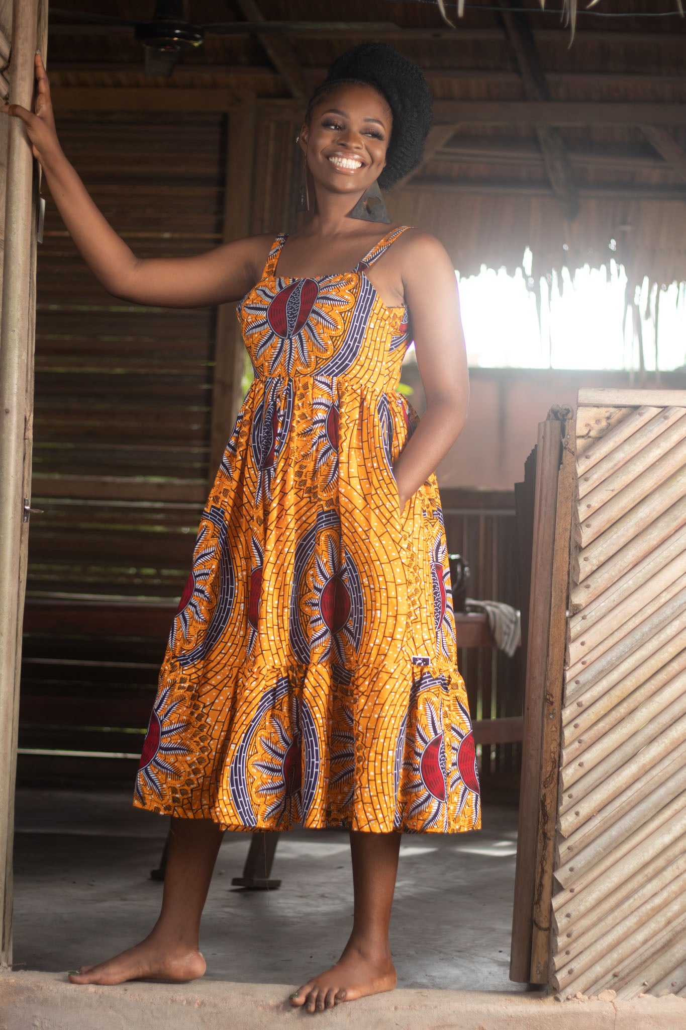 HADIZA African Print Ankara Midi Dress, Yellow