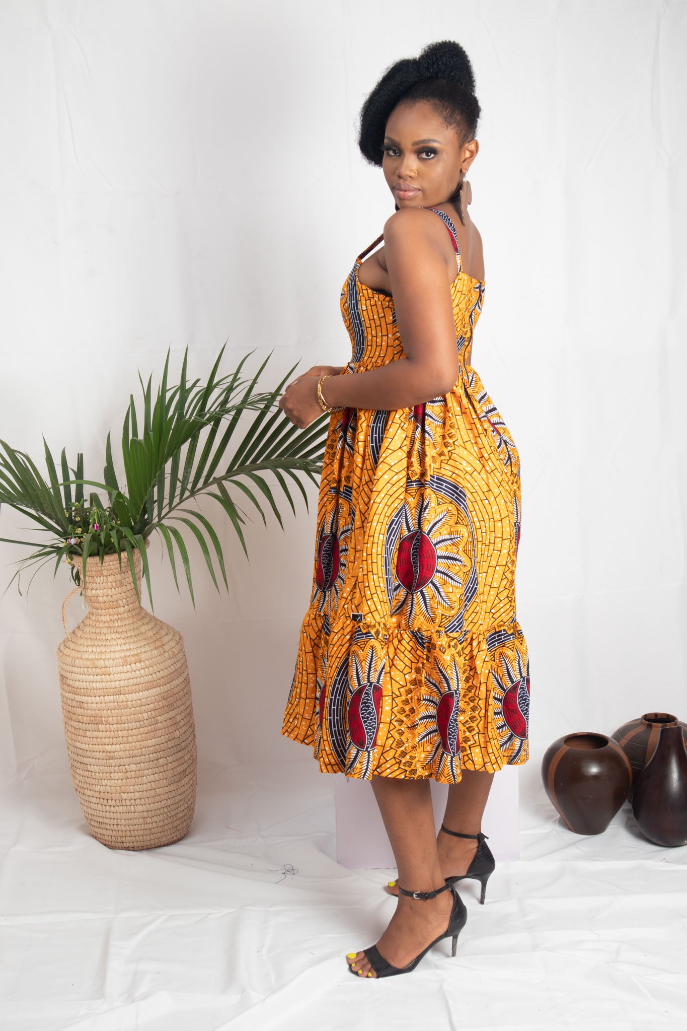 HADIZA African Print Ankara Midi Dress, Yellow