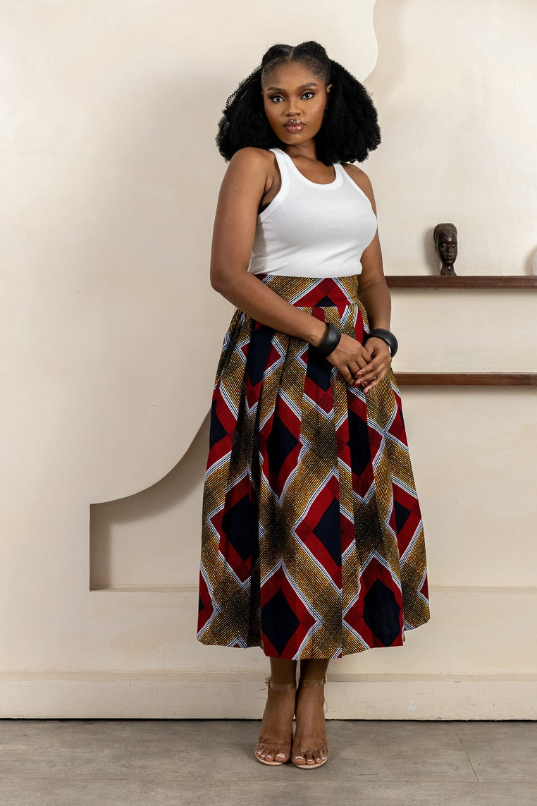 HALUCHI Women’s Ankara Midi Skirt - Modern African Style