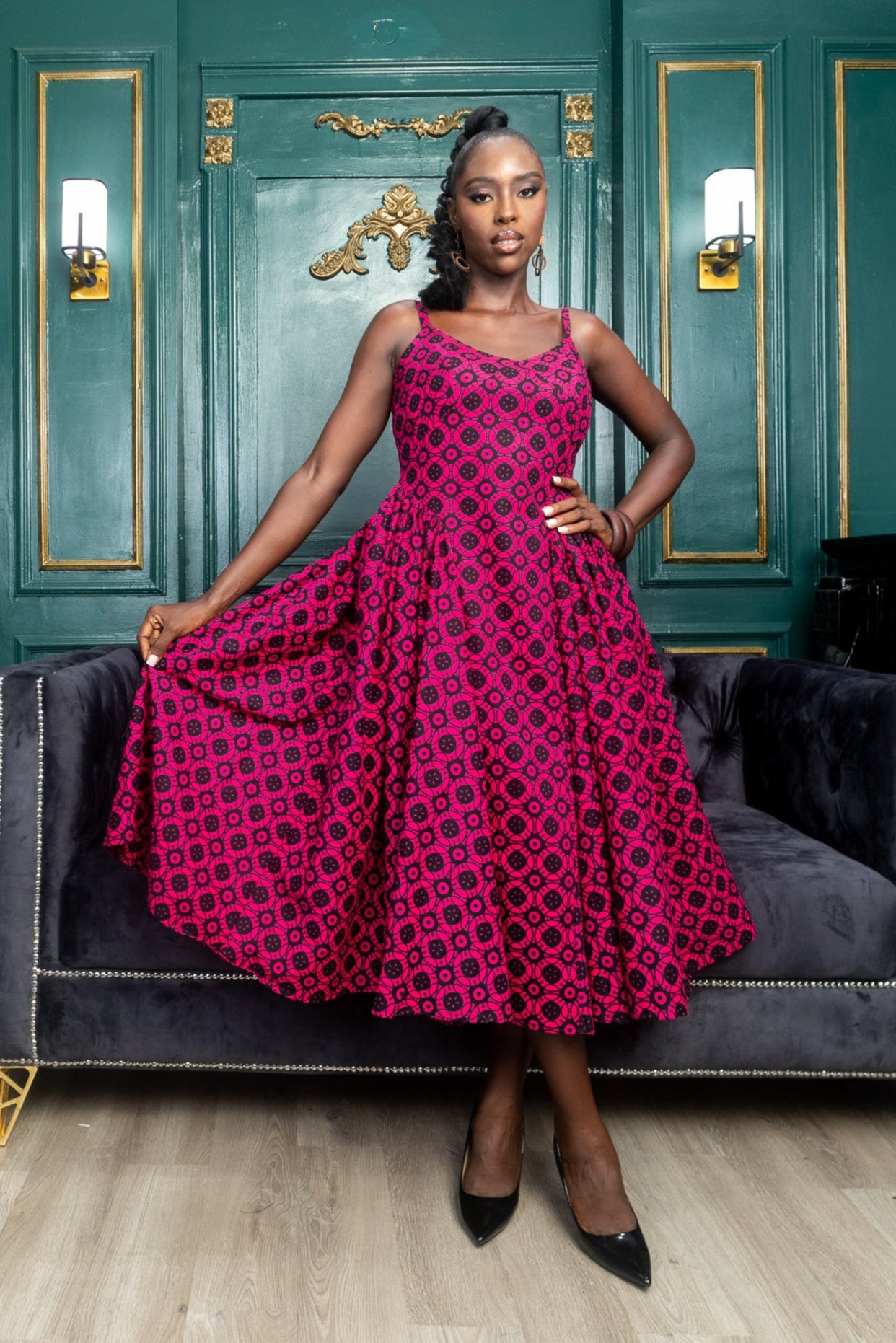 KEYAH – Ankara African Print Midi Dress With Side Gathers