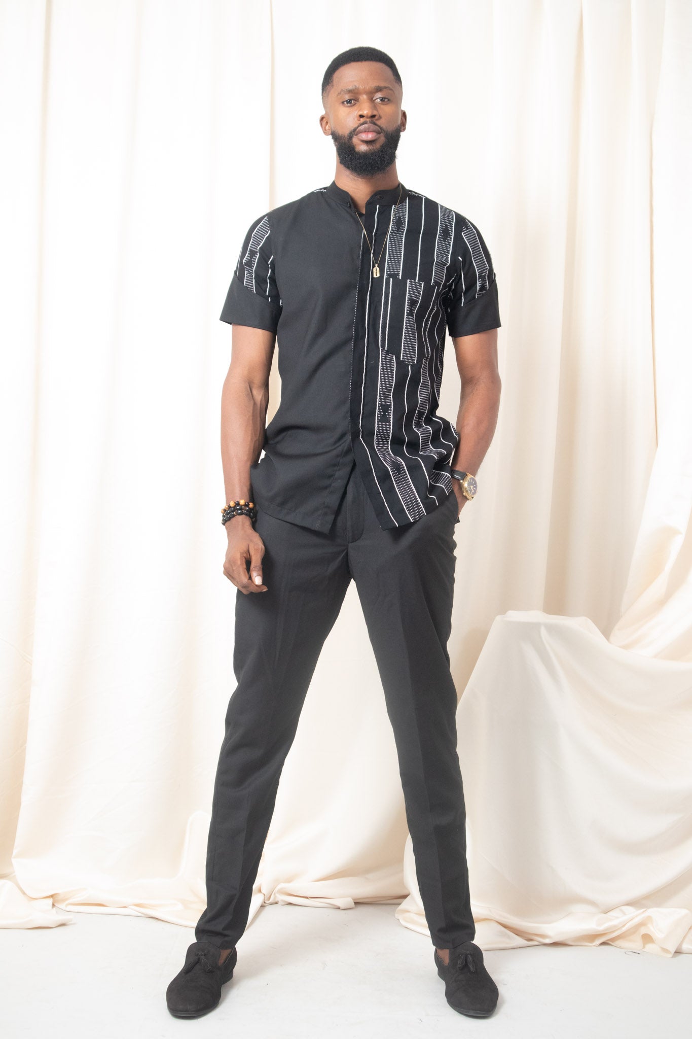 IDIR African Print Shirt/Suit, Black, White