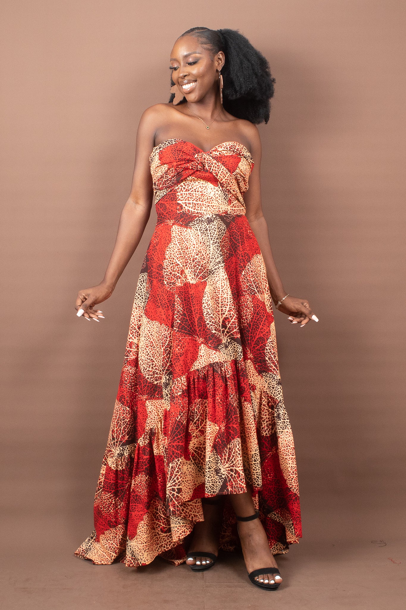 KABILI African Print Ankara Strapless High Low Maxi Dress, Red