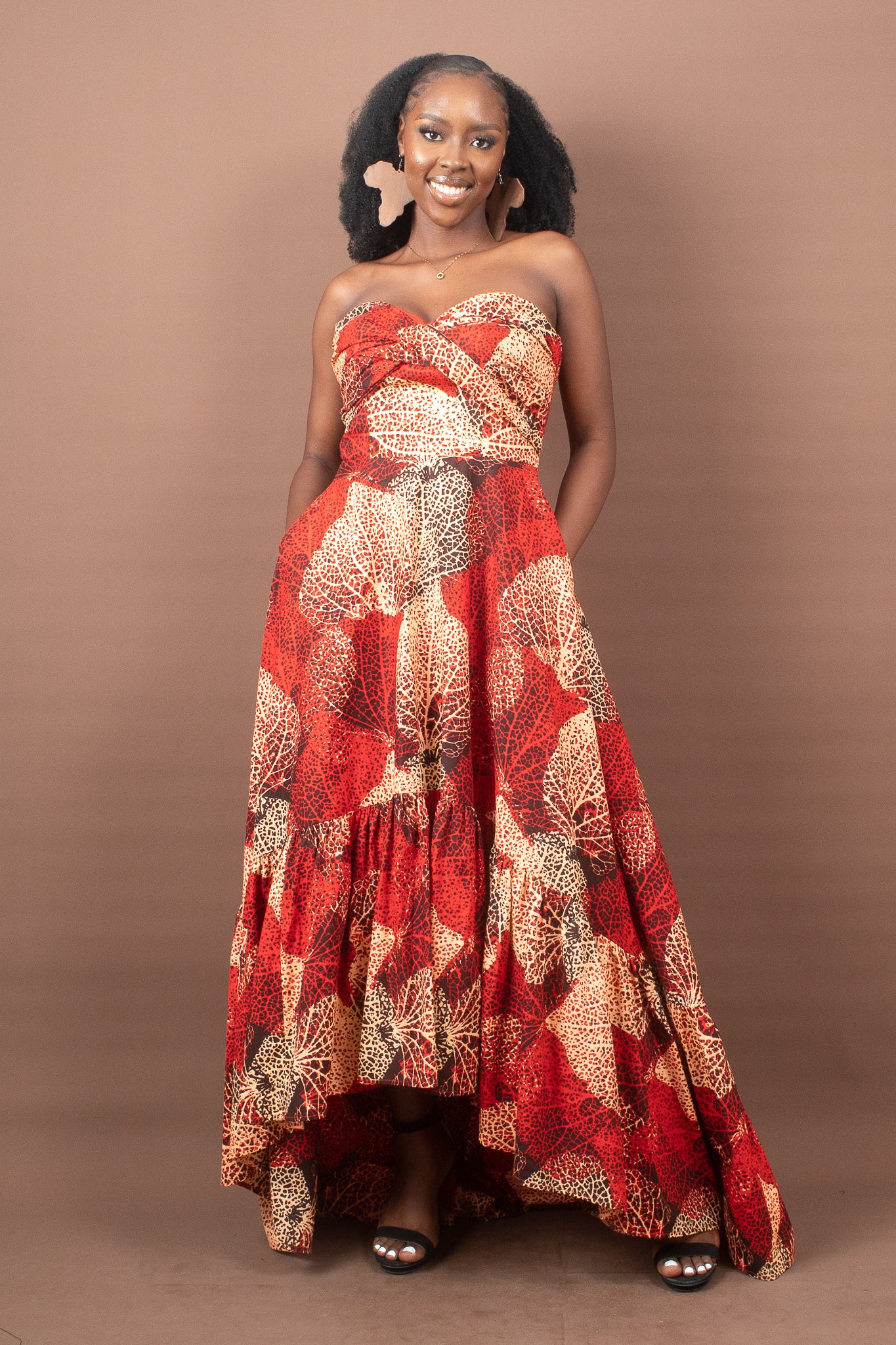 KABILI African Print Ankara Strapless High Low Maxi Dress, Red