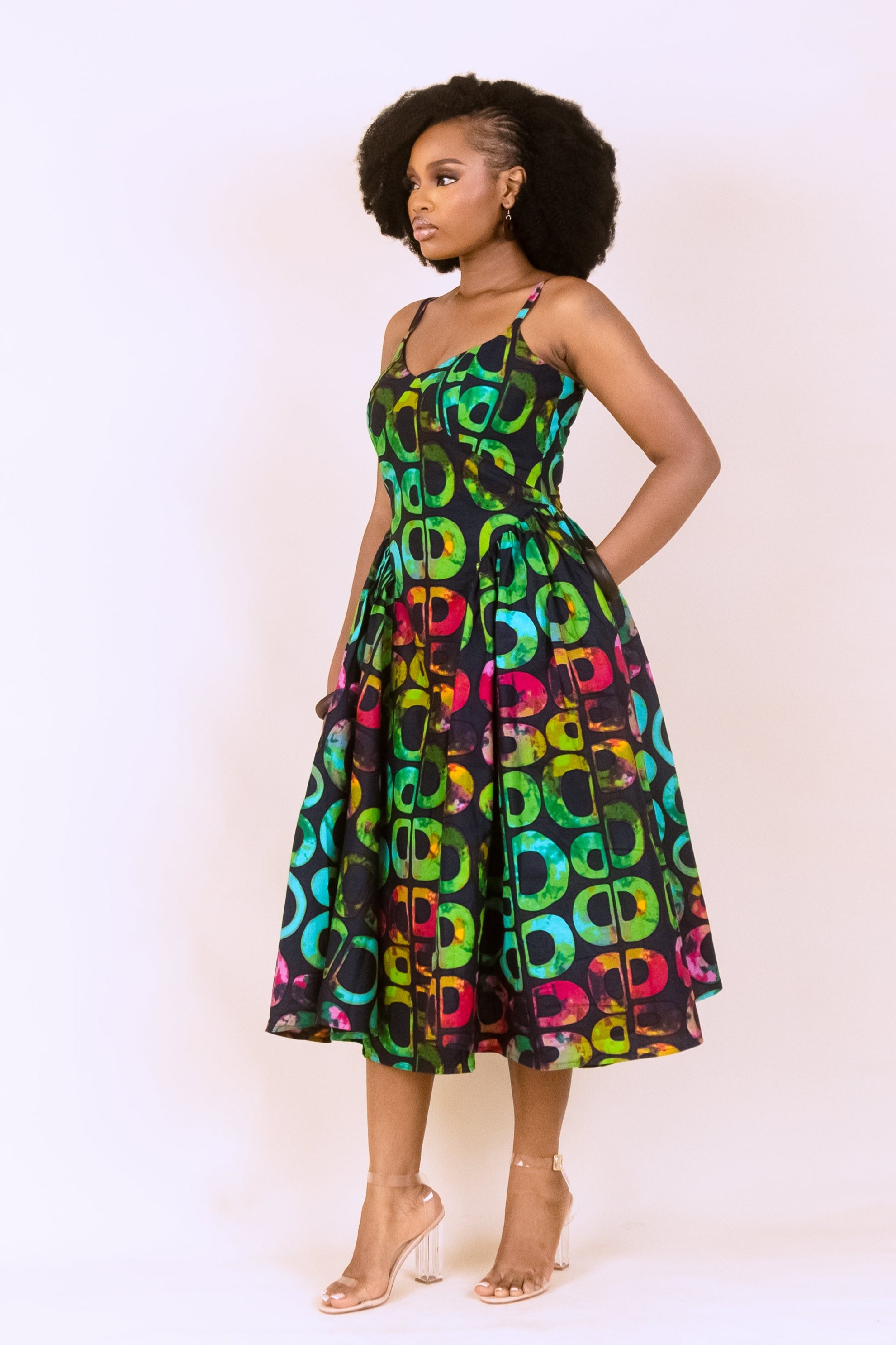 KESANDU – Ankara African Print Midi Dress With Side Gathers