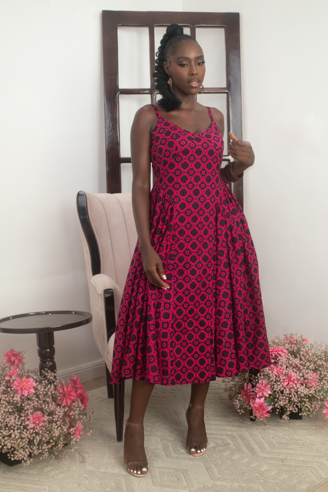 KEYAH – Ankara African Print Midi Dress With Side Gathers