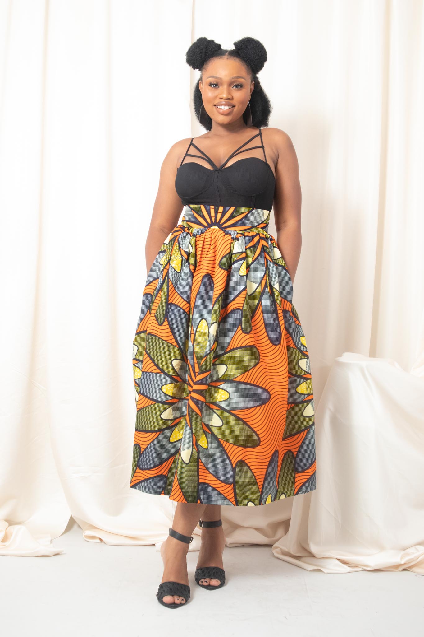 MIEKE African Print Ankara Midi Skirt - Orange