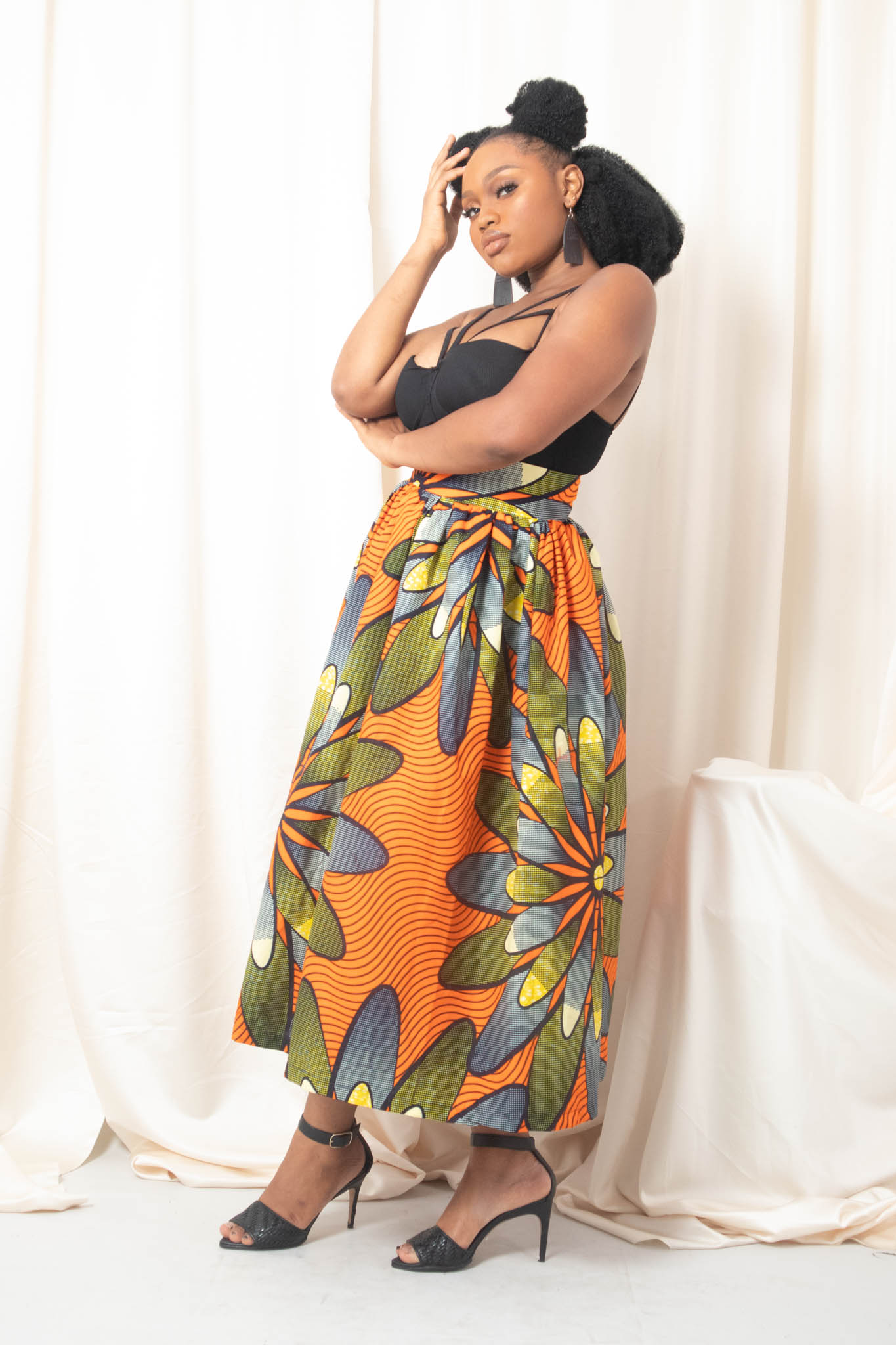 MIEKE African Print Ankara Midi Skirt - Orange