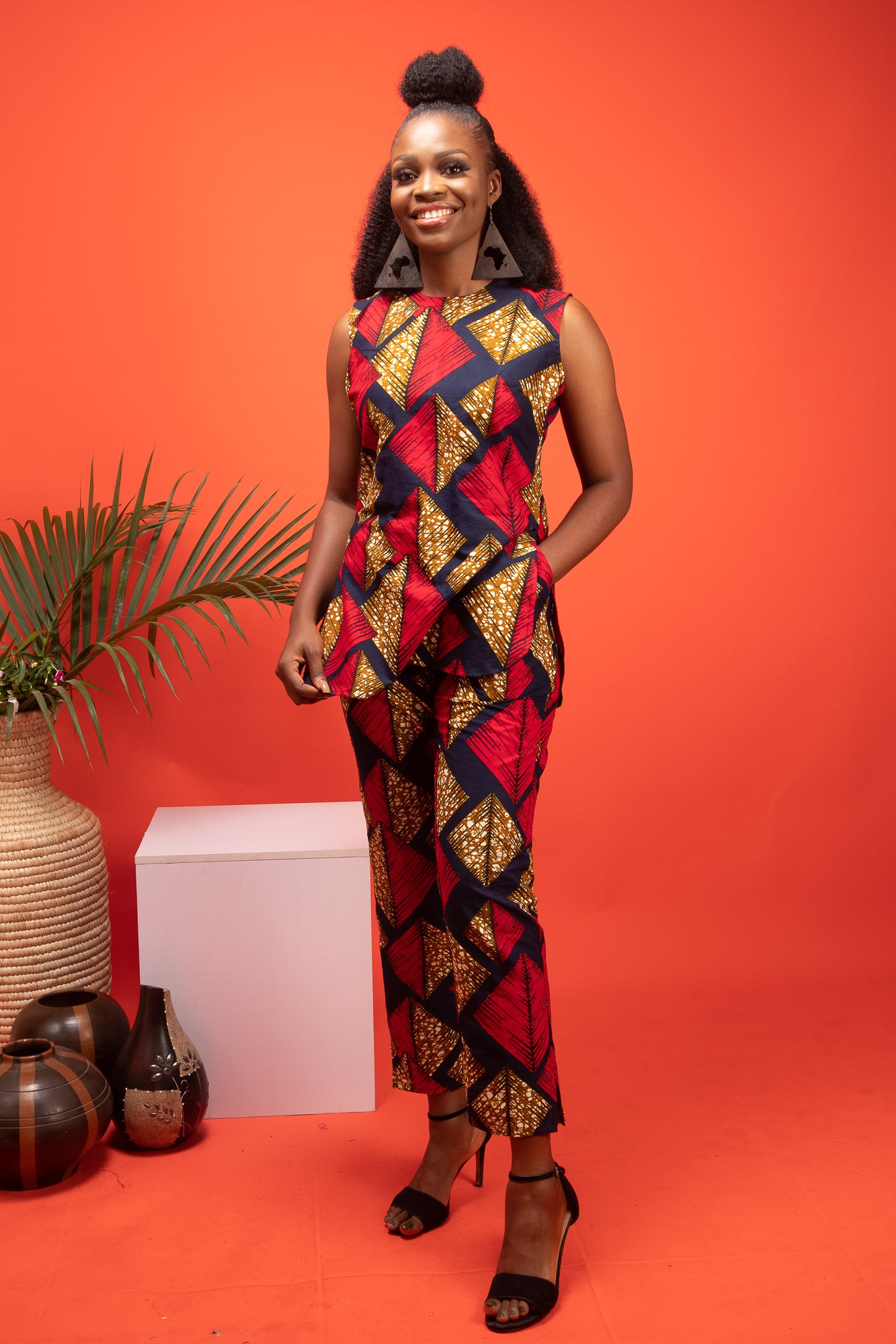 MITAIRE African Print Ankara Tunic Top, (Red/Blue)