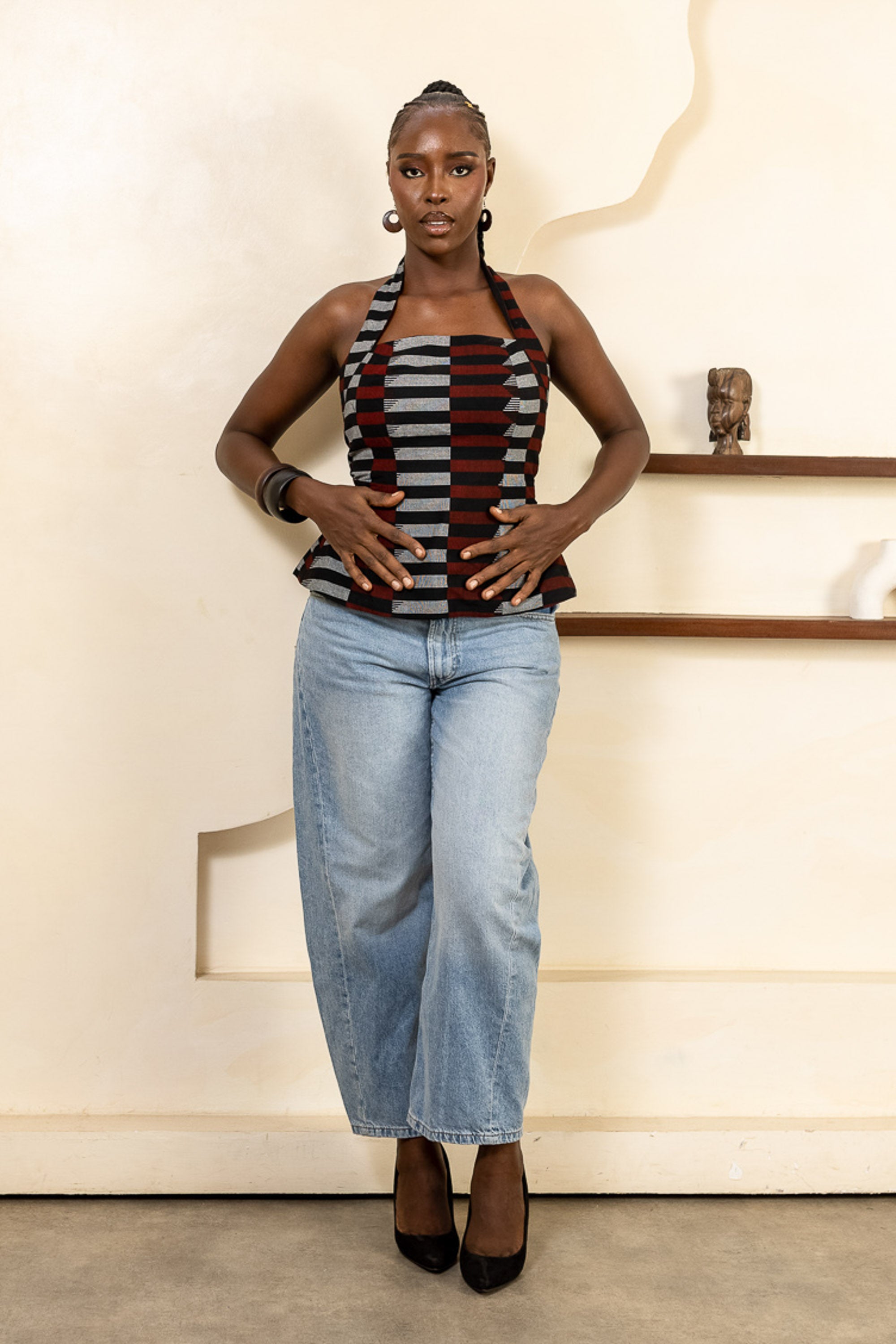 MOYA Ankara Halter Top - Women in red, black, white ankara print, handcrafted in Nigeria by Naborhi