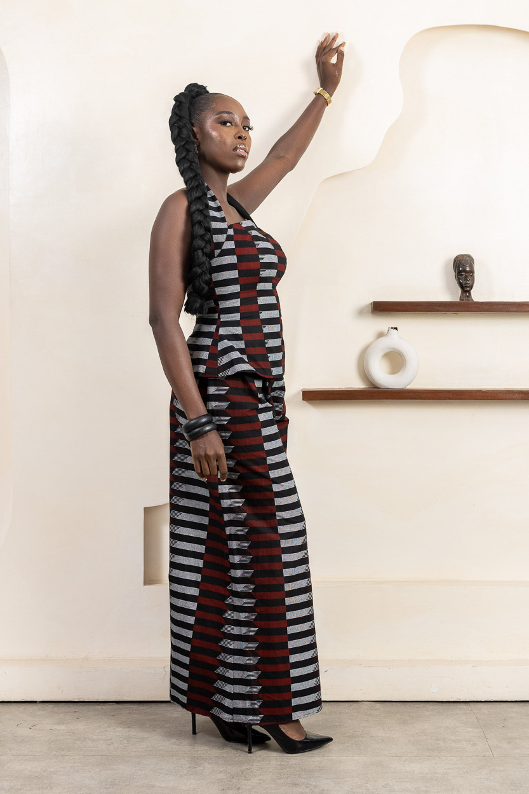 MOYA Ankara Halter Top - Women in red, black, white ankara print, handcrafted in Nigeria by Naborhi
