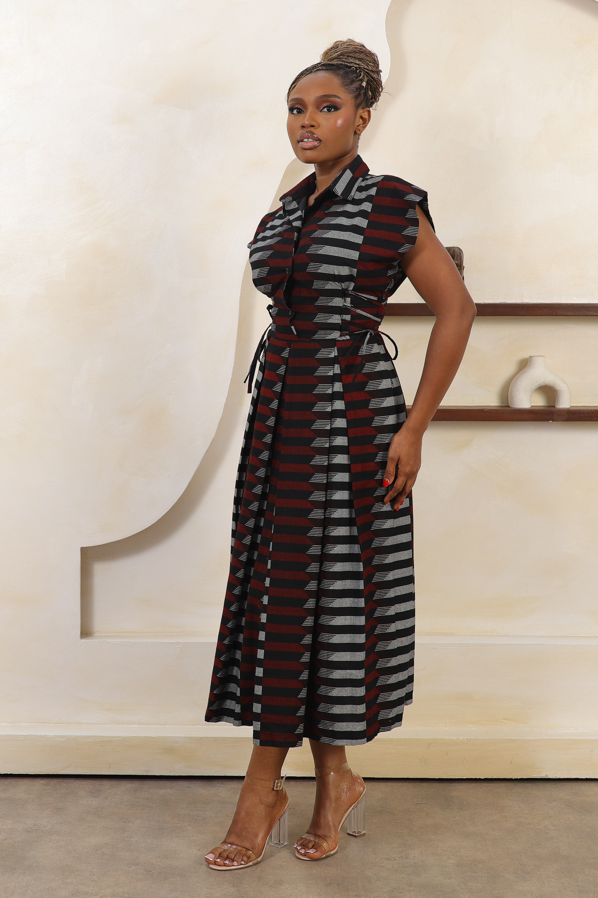 MOYA Ankara Midi Shirt Dress - Women in red, black, white ankara print, handcrafted in Nigeria by Naborhi