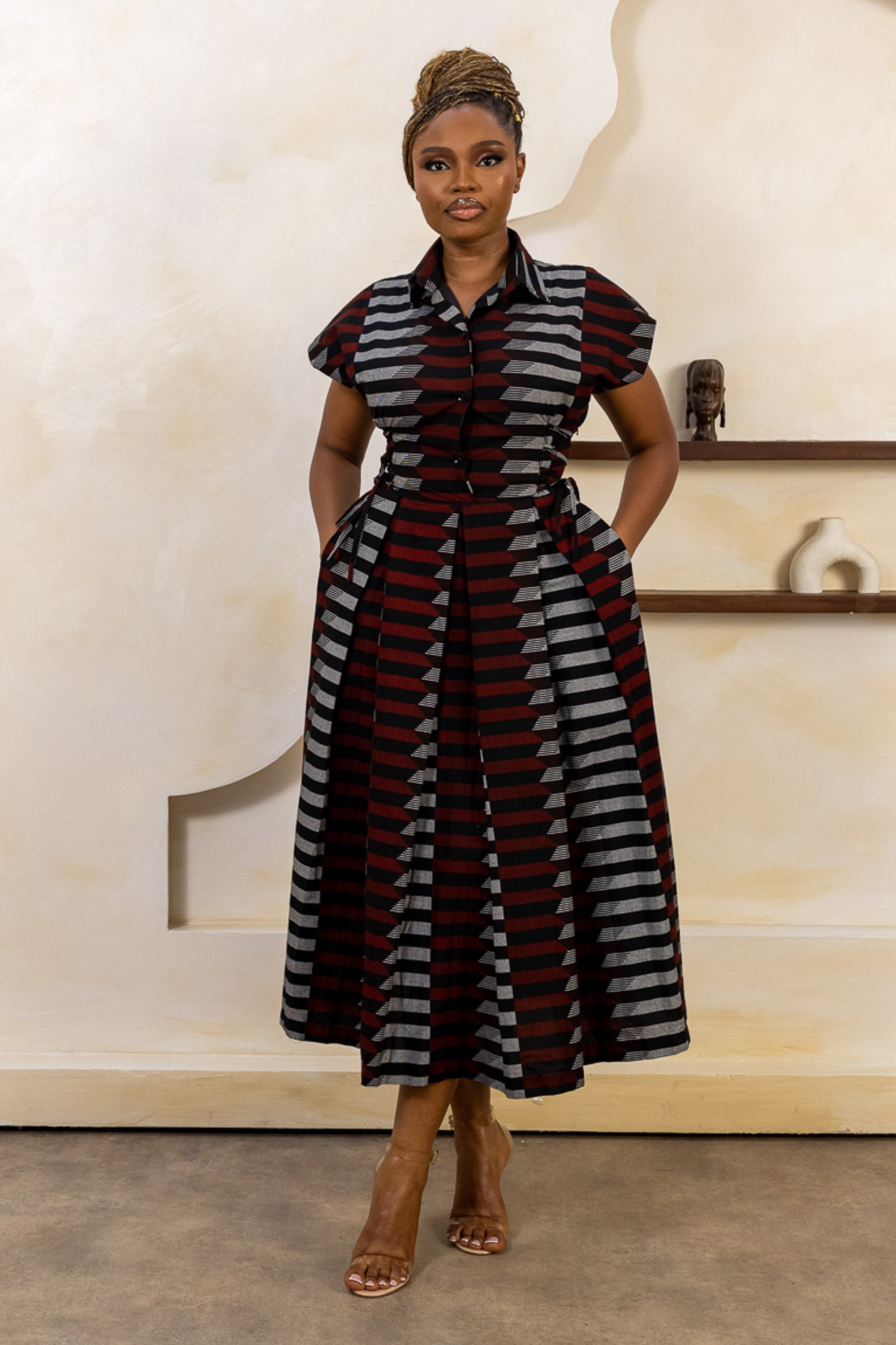 MOYA Ankara Striped Midi Shirt Dress - Women in red, black, white ankara print, handcrafted in Nigeria by Naborhi