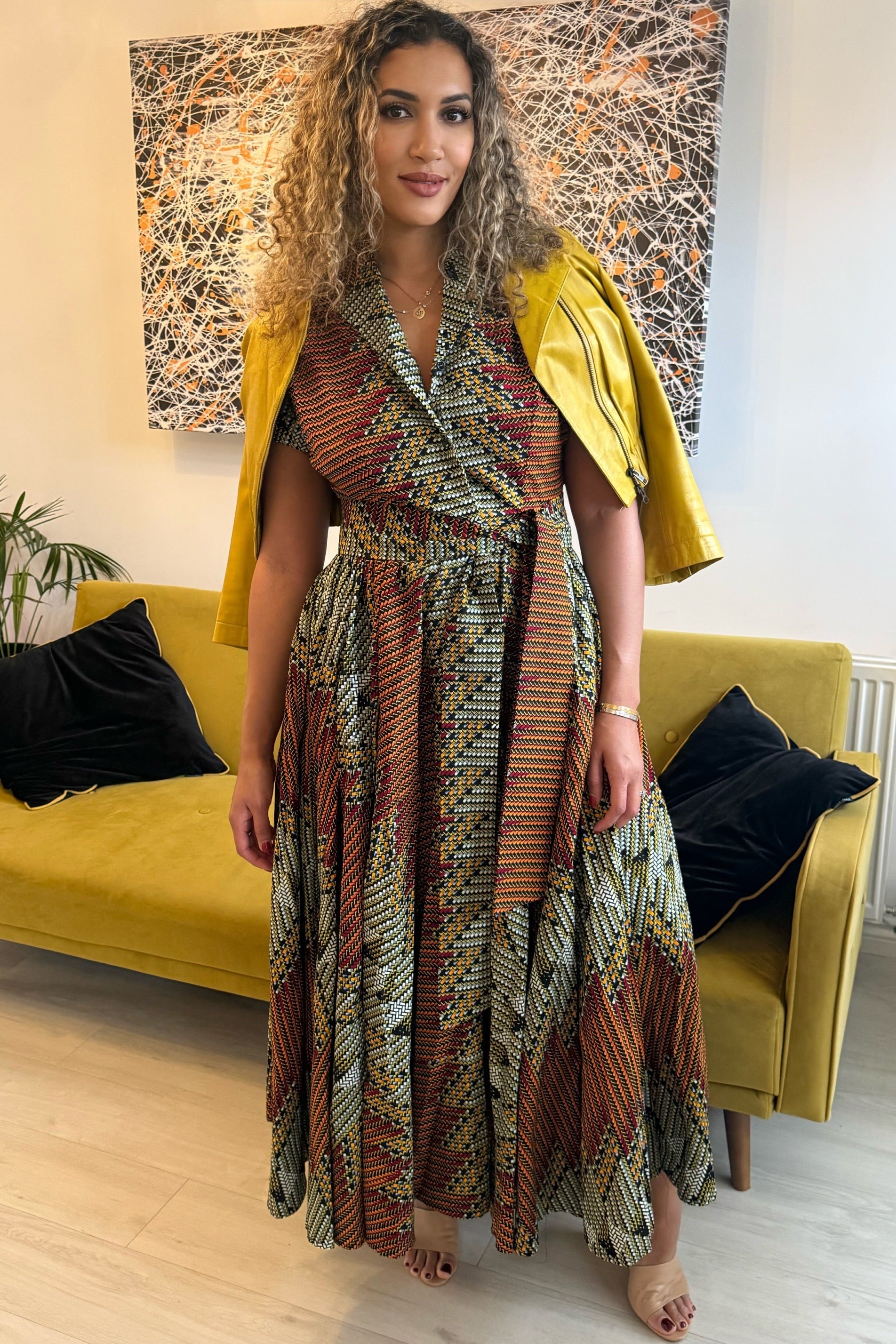 Ankara Print Maxi Shirt Dress in Mustard, Teal, and Earth one Geometric African Wax Print