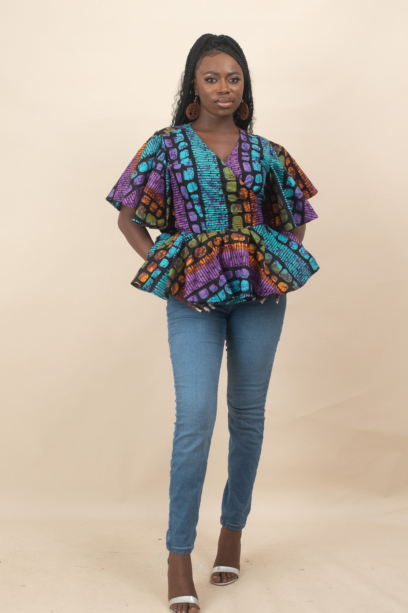ODOSA African Print Ankara Flared Sleeve Peplum Top