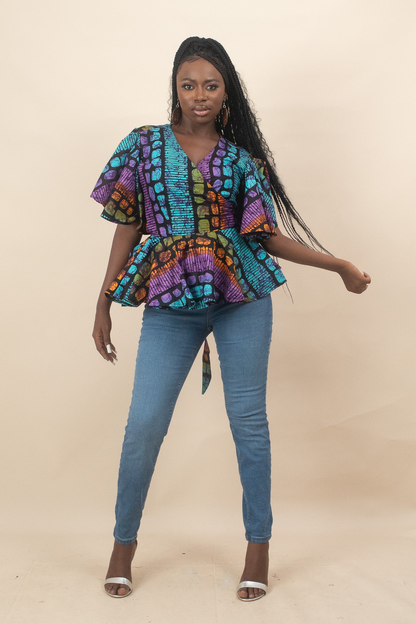 ODOSA African Print Ankara Flared Sleeve Peplum Top