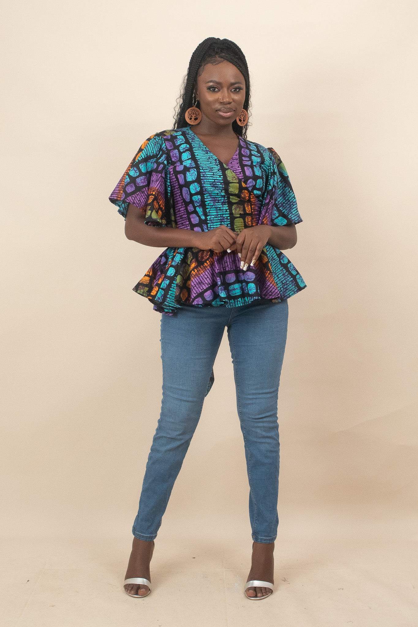 ODOSA African Print Ankara Flared Sleeve Peplum Top