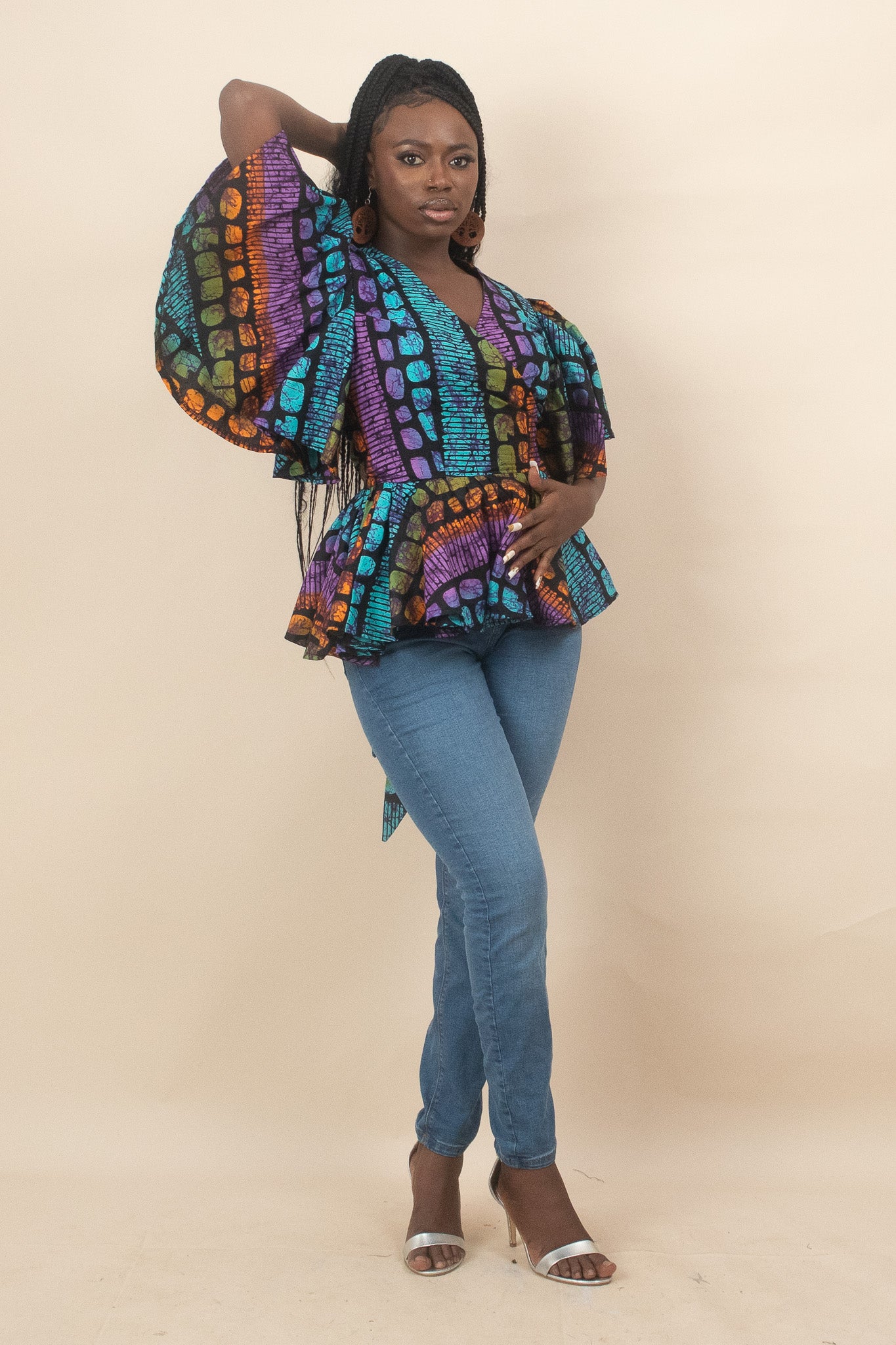 ODOSA African Print Ankara Flared Sleeve Peplum Top