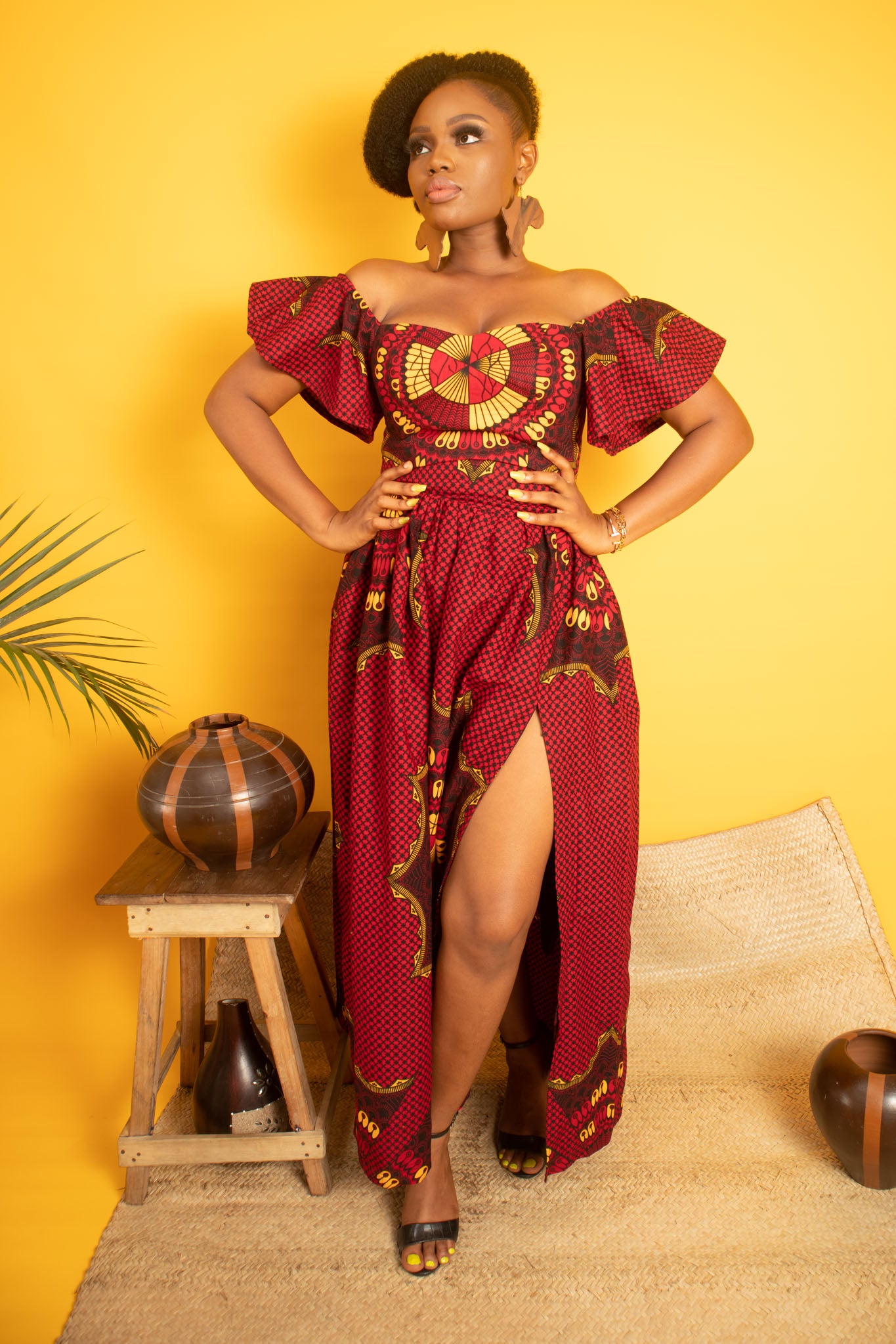 KADIJA African Print Ankara Maxi Skirt with Side Split, Red