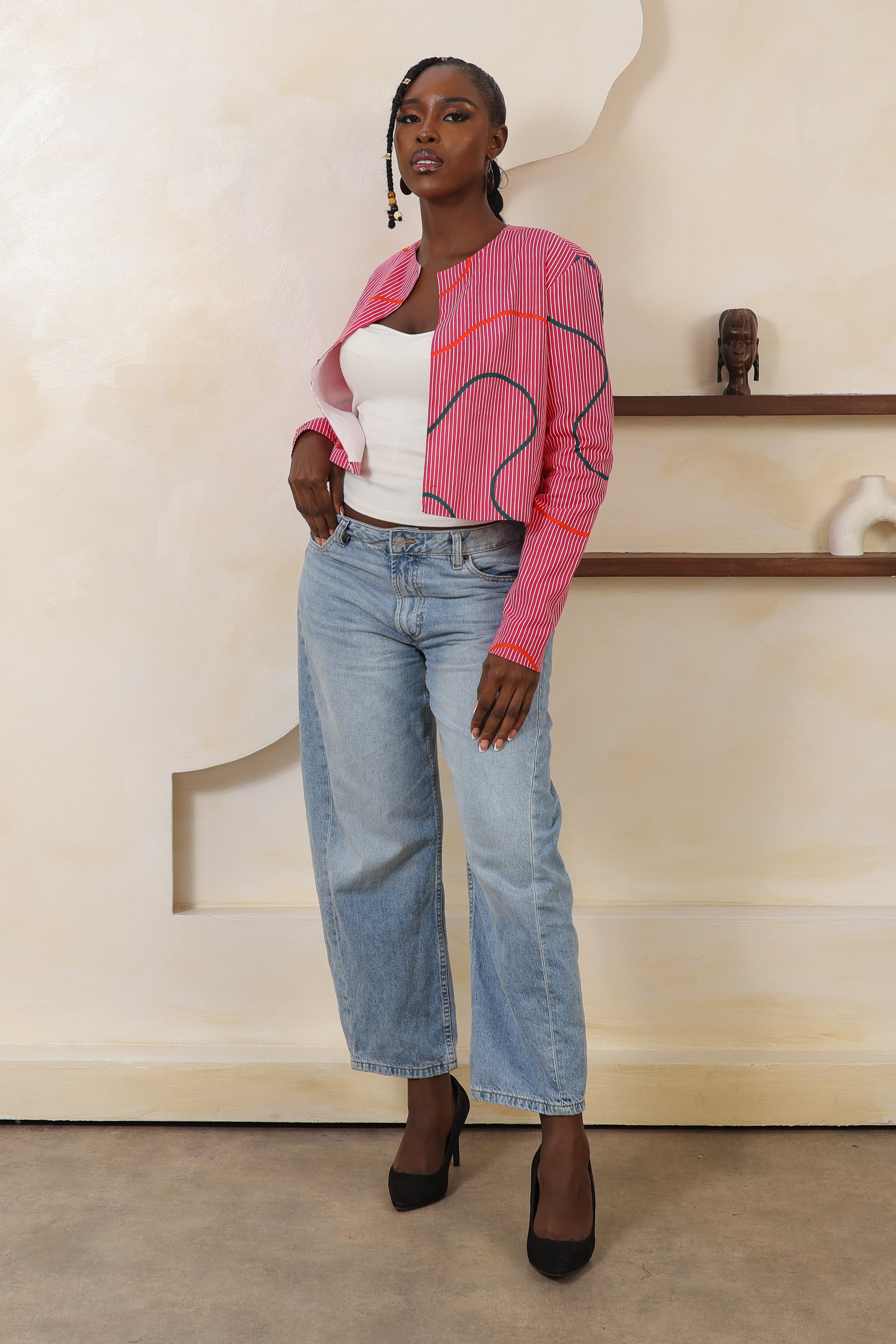 ORI Stripe Collarless Cropped Jacket - Women