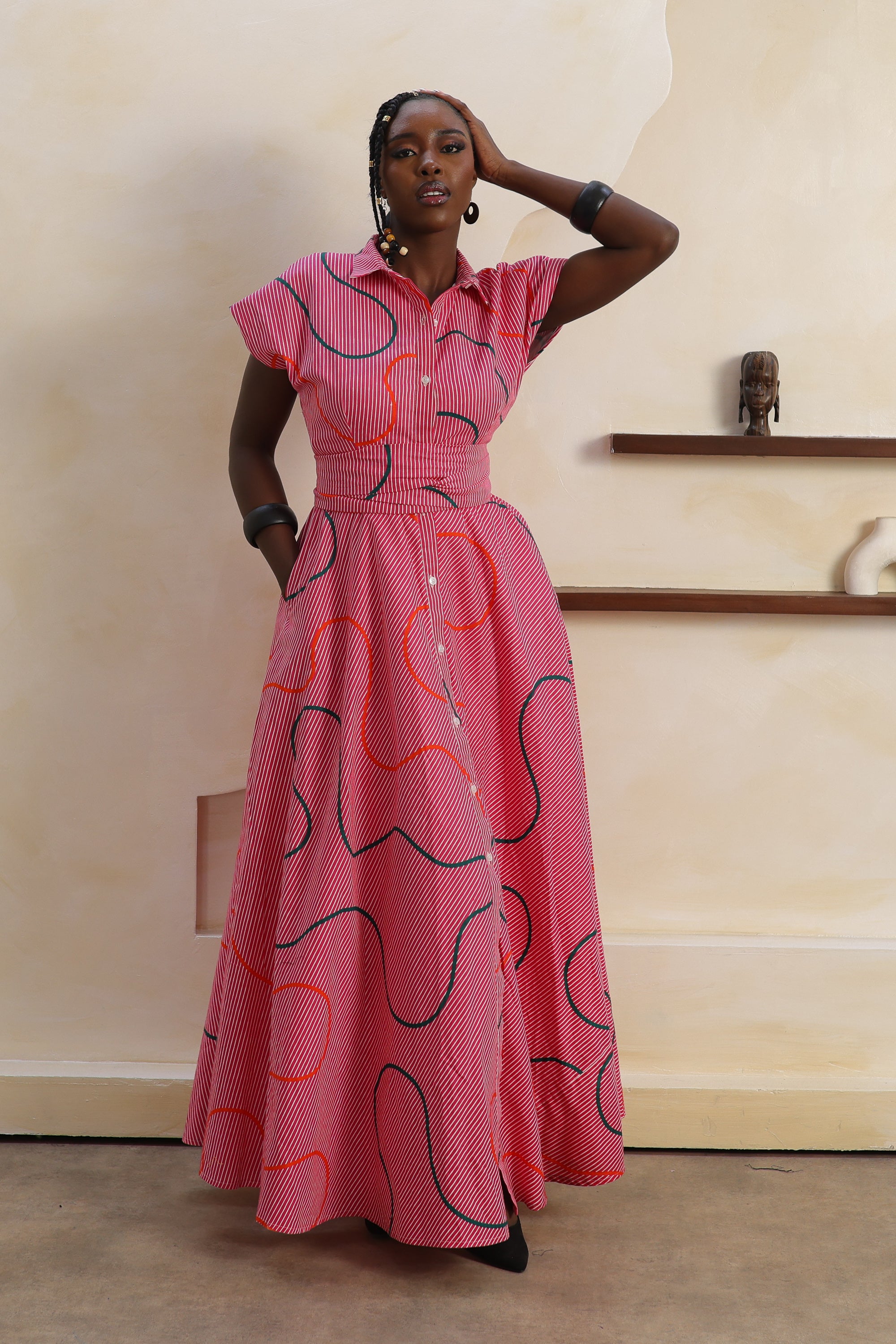 ORI Stripe Cap Sleeve Maxi Shirt Dress - Women