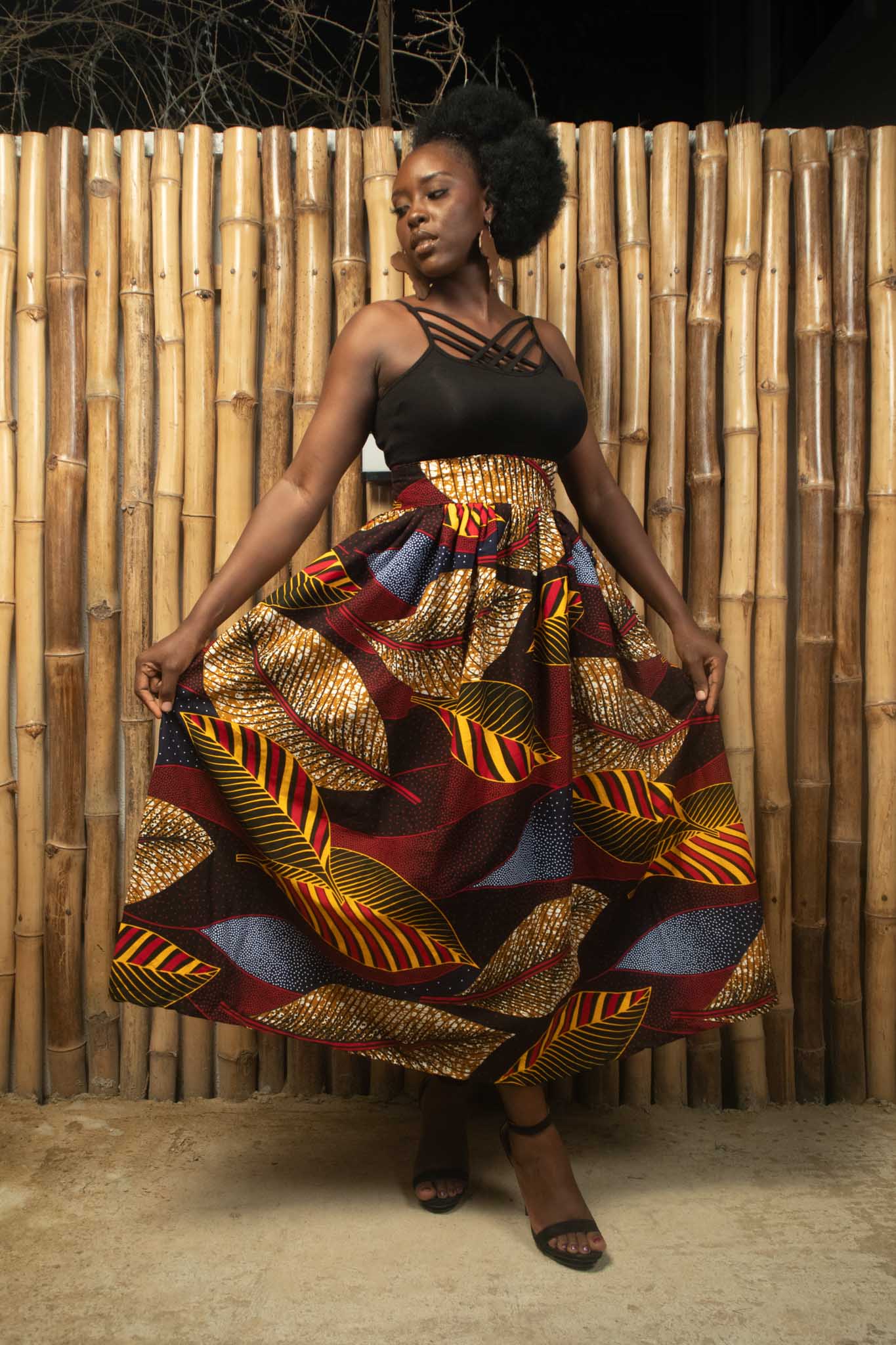 THEMBA African Print Ankara Floral Midi Skirt