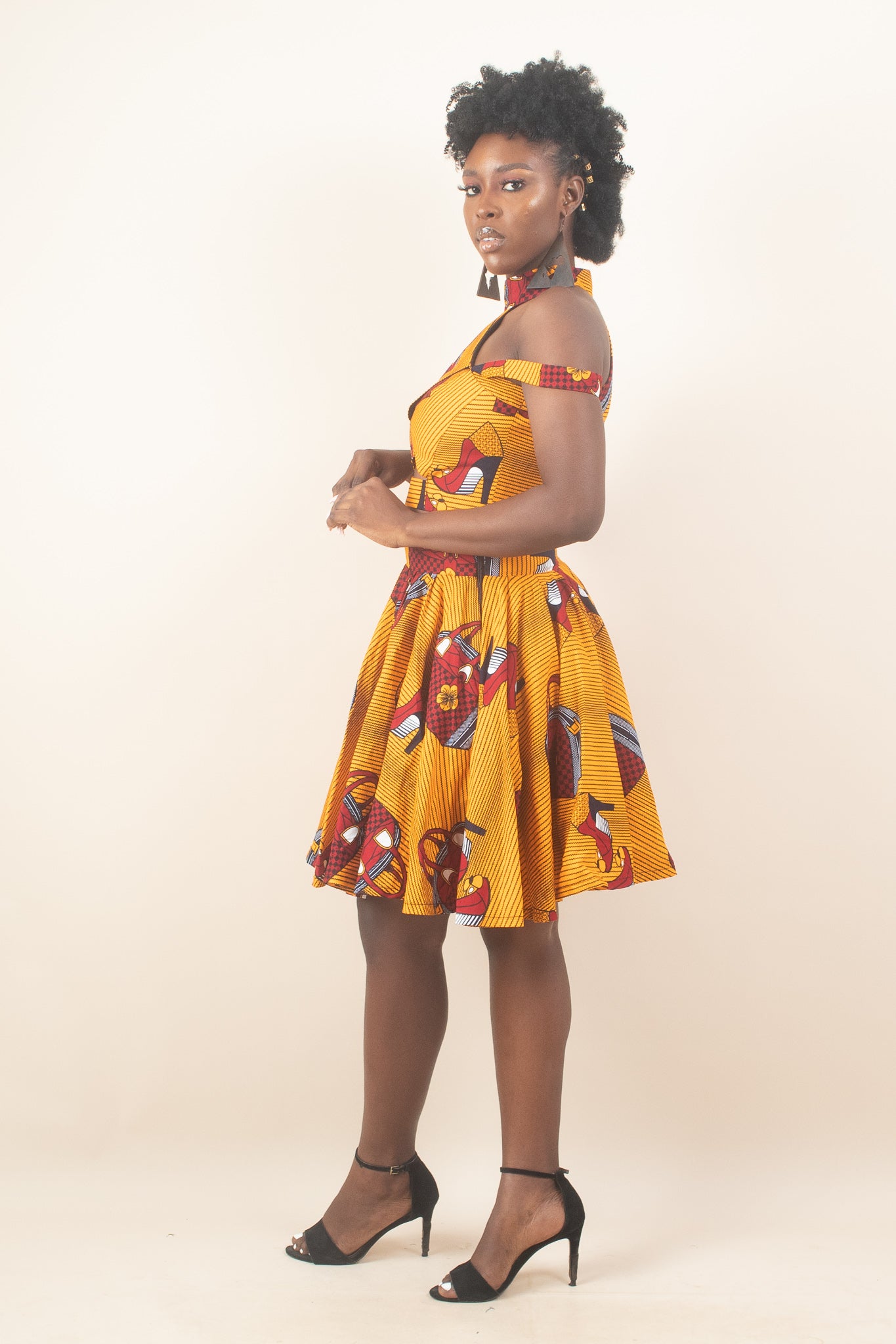ZINA African Print Ankara Flared Mini Skirt, Yellow