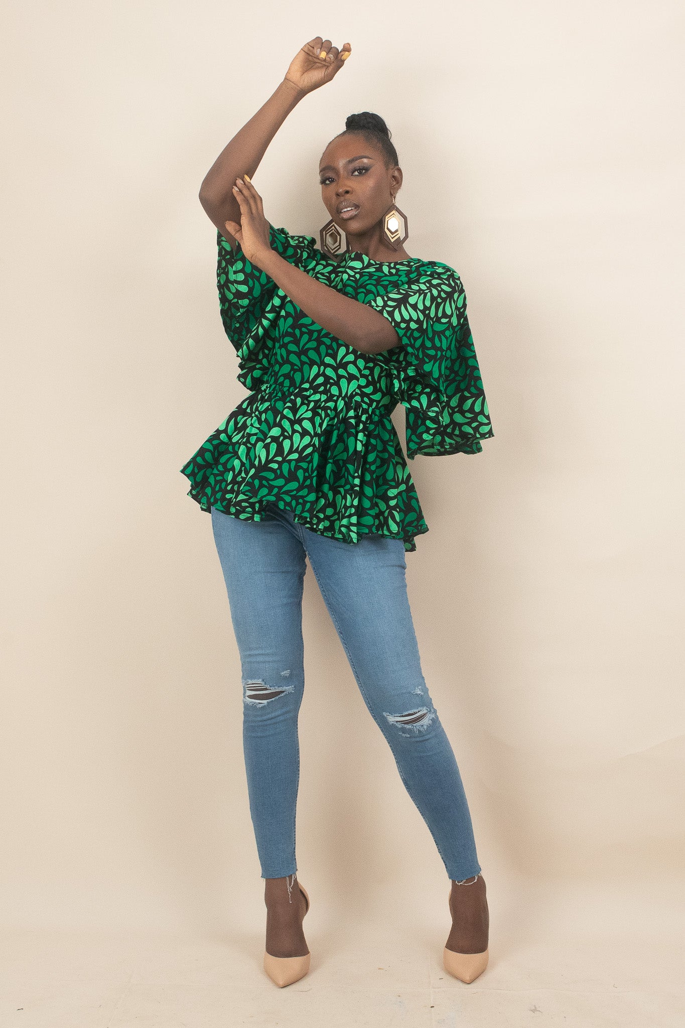 ZORLE African Print Flared Sleeve Floral peplum Top