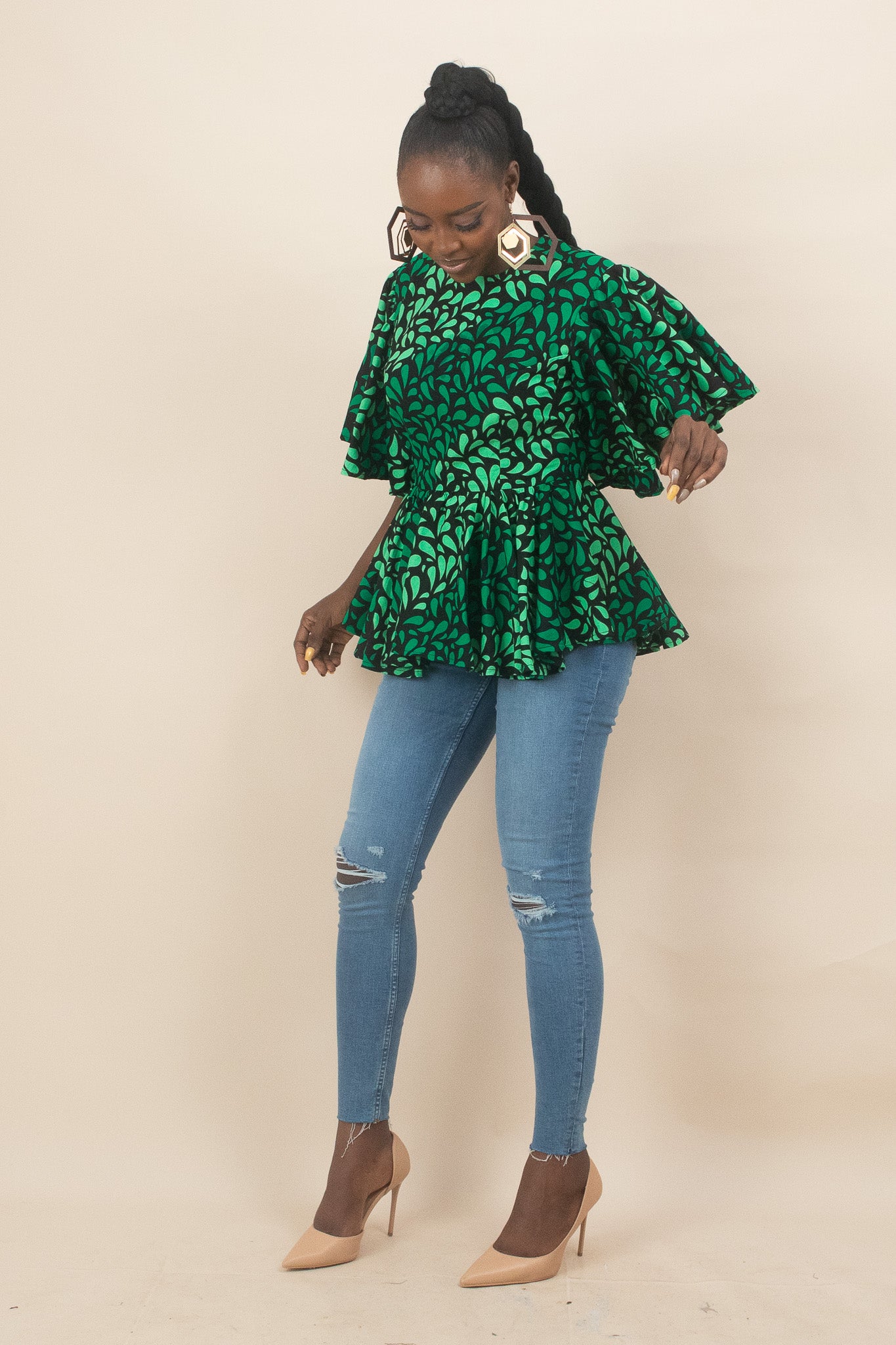 ZORLE African Print Flared Sleeve Floral peplum Top