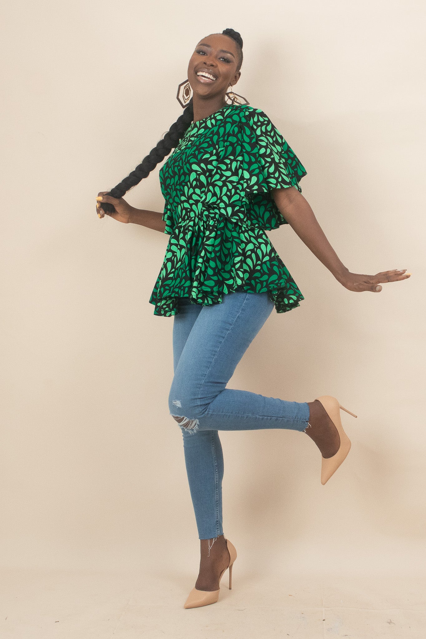 ZORLE African Print Flared Sleeve Floral peplum Top