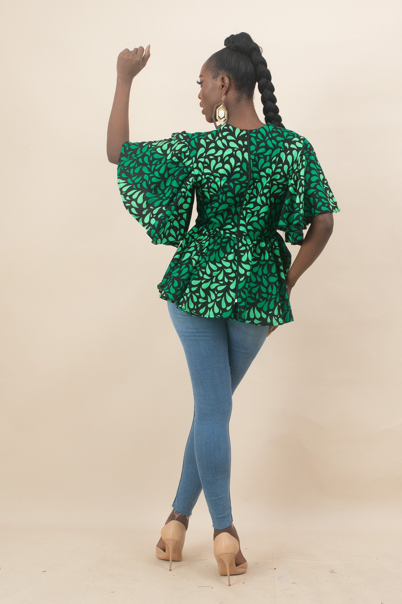 ZORLE African Print Flared Sleeve Floral peplum Top