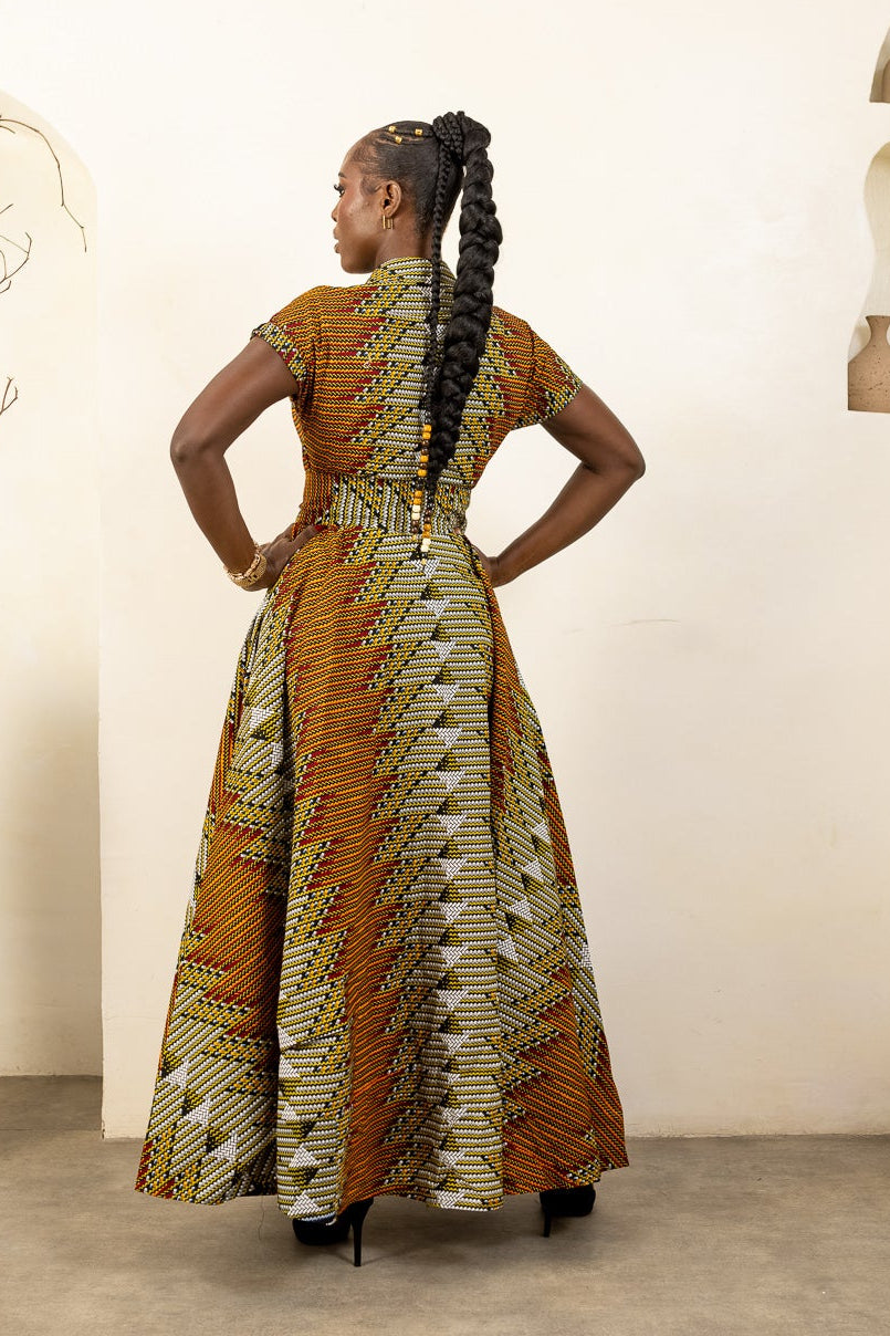 Ankara Print Maxi Shirt Dress in Mustard, Teal, and Earth-Tone Geometric African Wax Print