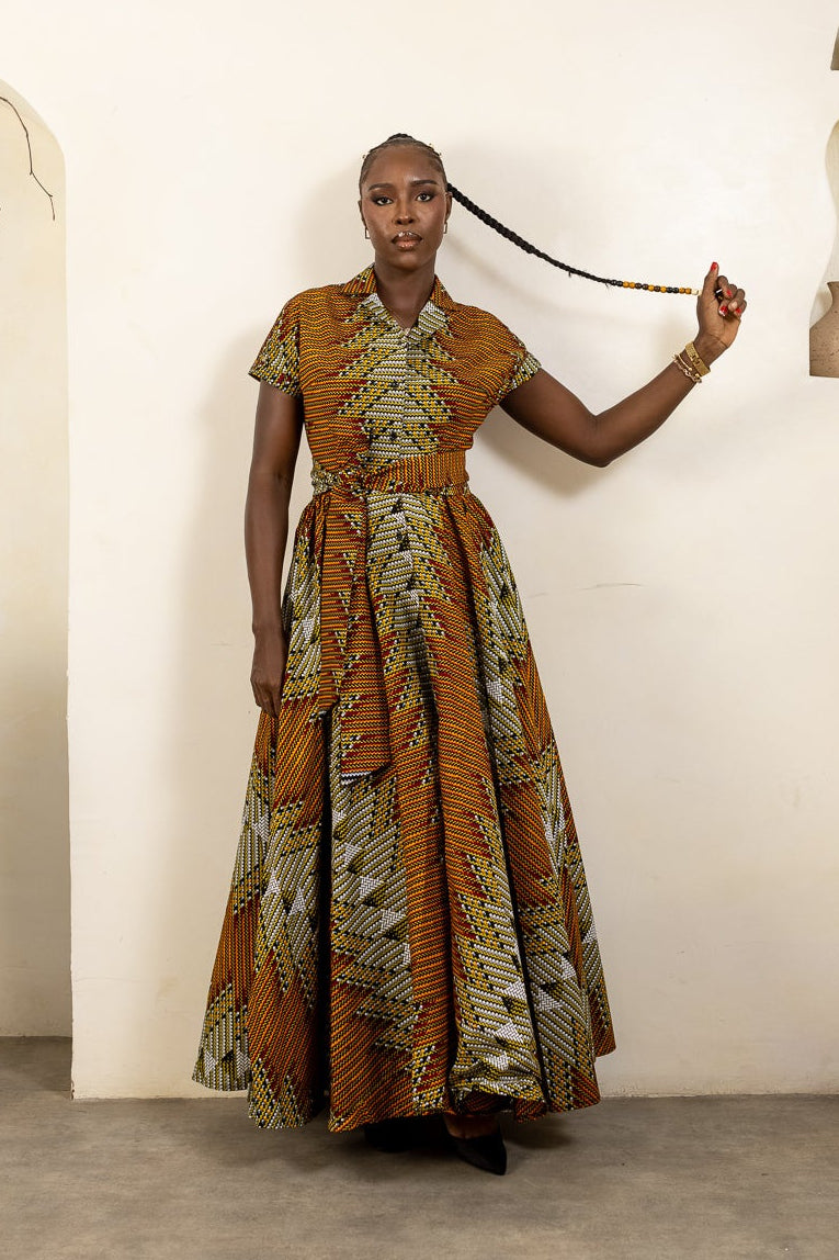 Ankara Print Maxi Shirt Dress in Mustard, Teal, and Earth one Geometric African Wax Print