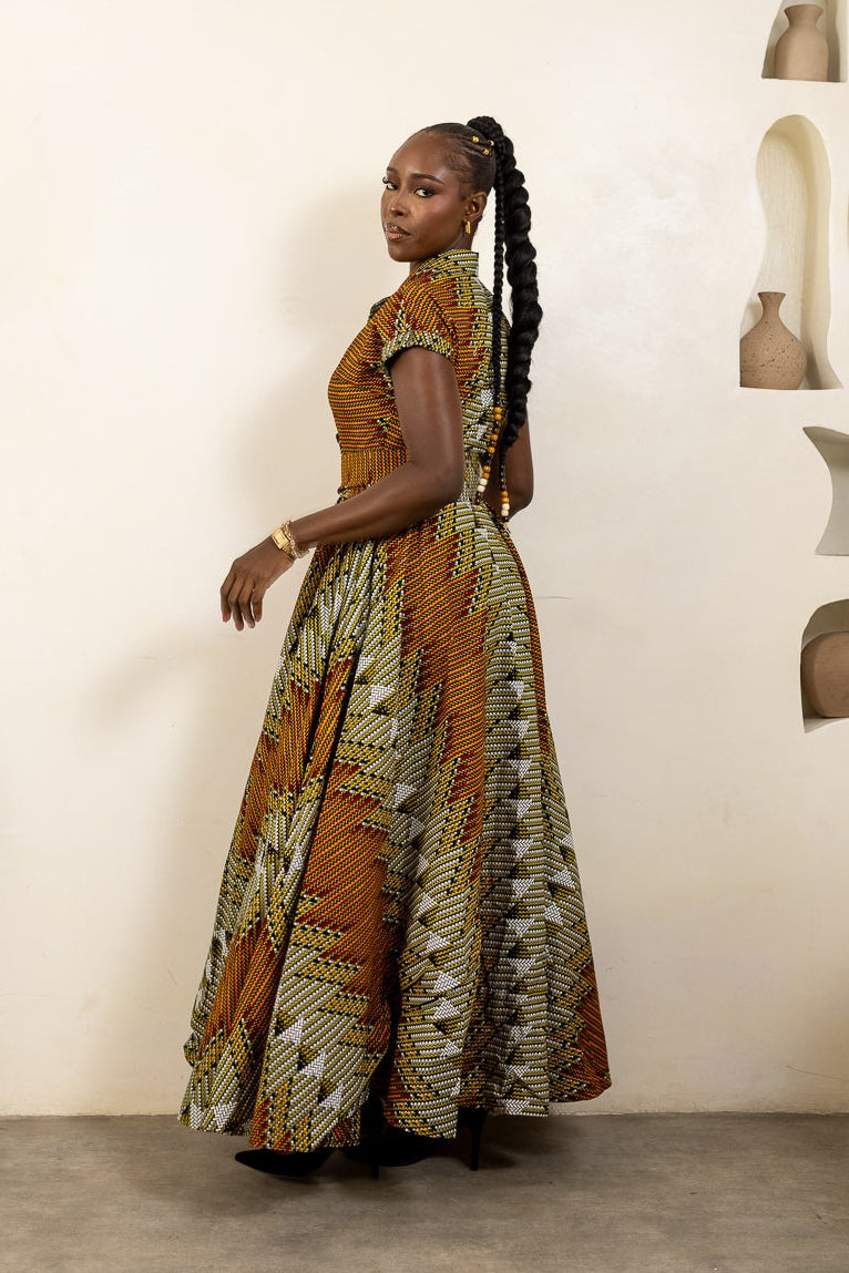 Ankara Print Maxi Shirt Dress in Mustard, Teal, and Earth-Tone Geometric African Wax Print