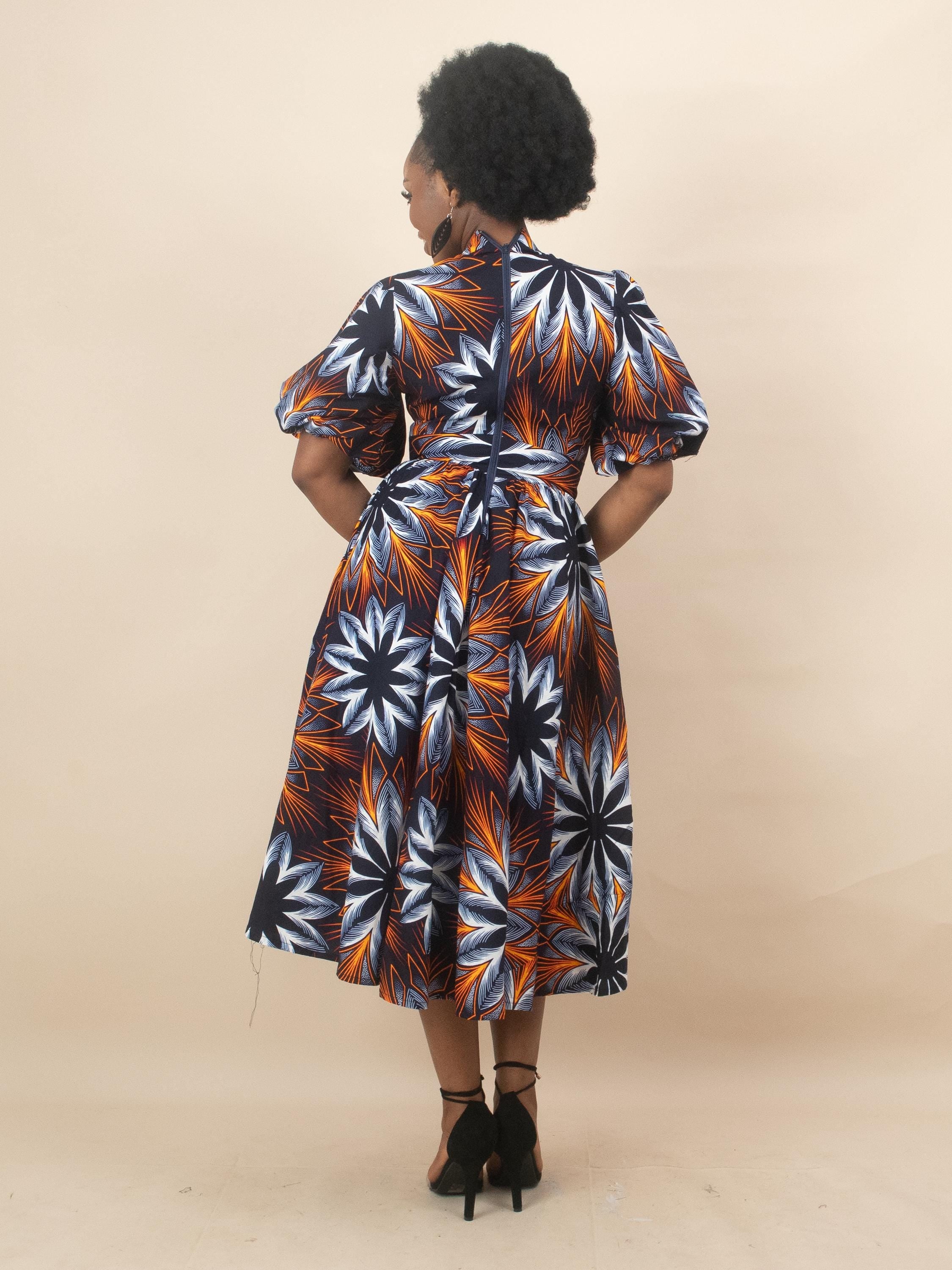 Sample: AYANNA Ankara Puff Sleeve Maxi Dress - Women (Size UK 10) detail — handcrafted in Nigeria by Naborhi