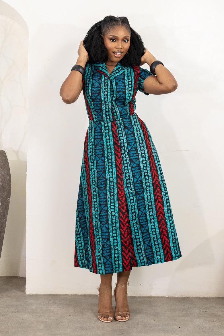 AKONI Ankara Midi Dress detail — handcrafted in Nigeria by Naborhi