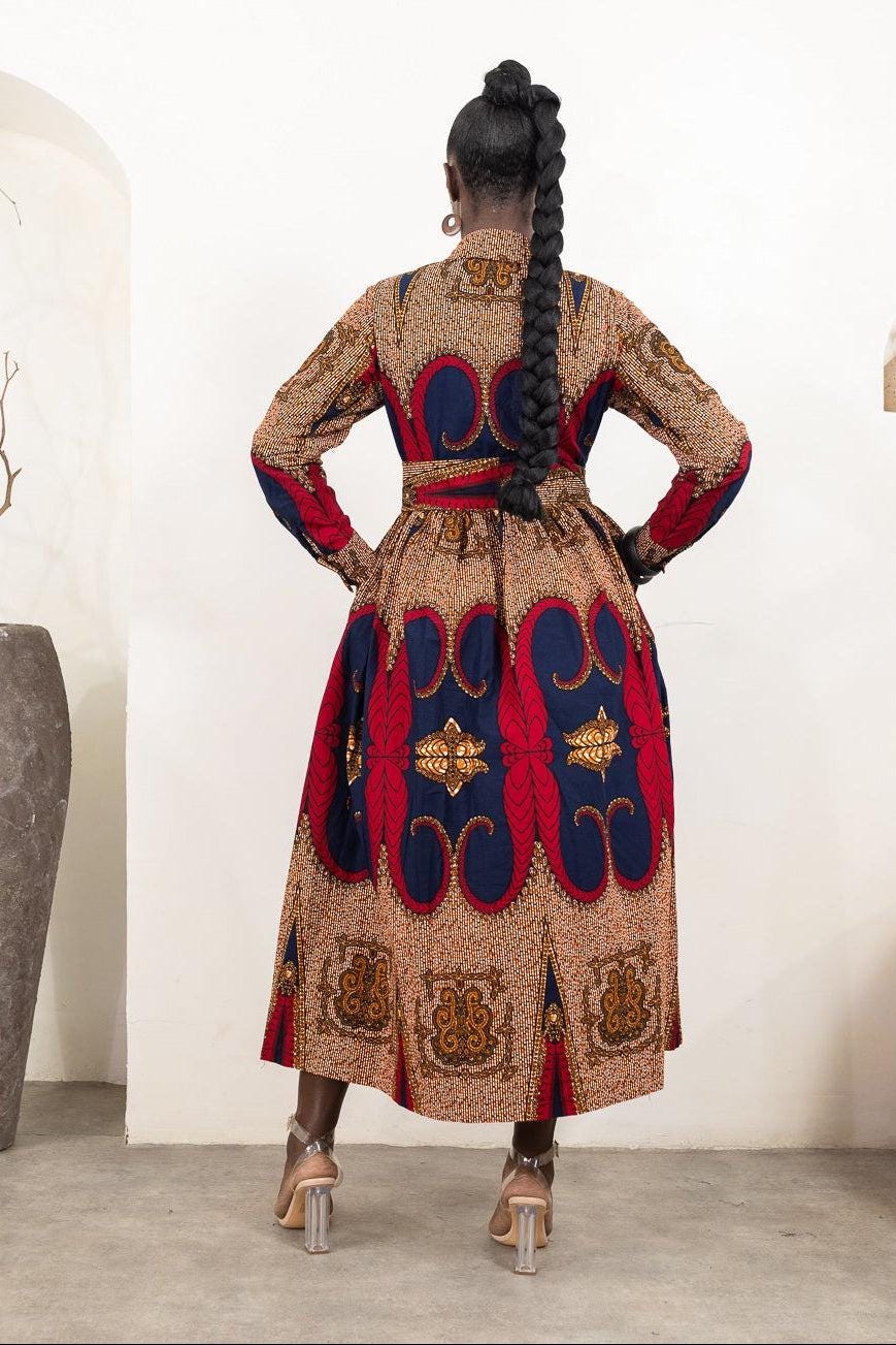BELUCHI Ankara Long Sleeve Midi Dress detail — handcrafted in Nigeria by Naborhi