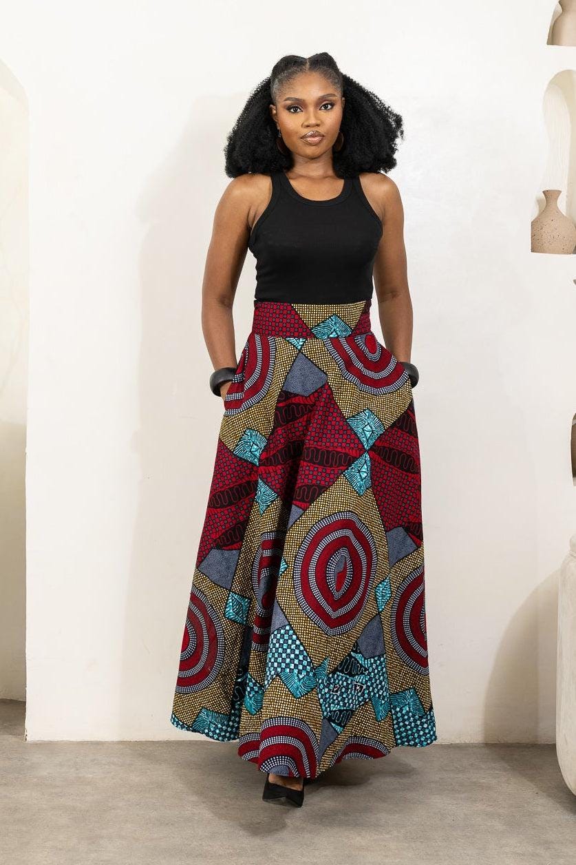 AIYANNA Ankara Flared Maxi Skirt detail — handcrafted in Nigeria by Naborhi