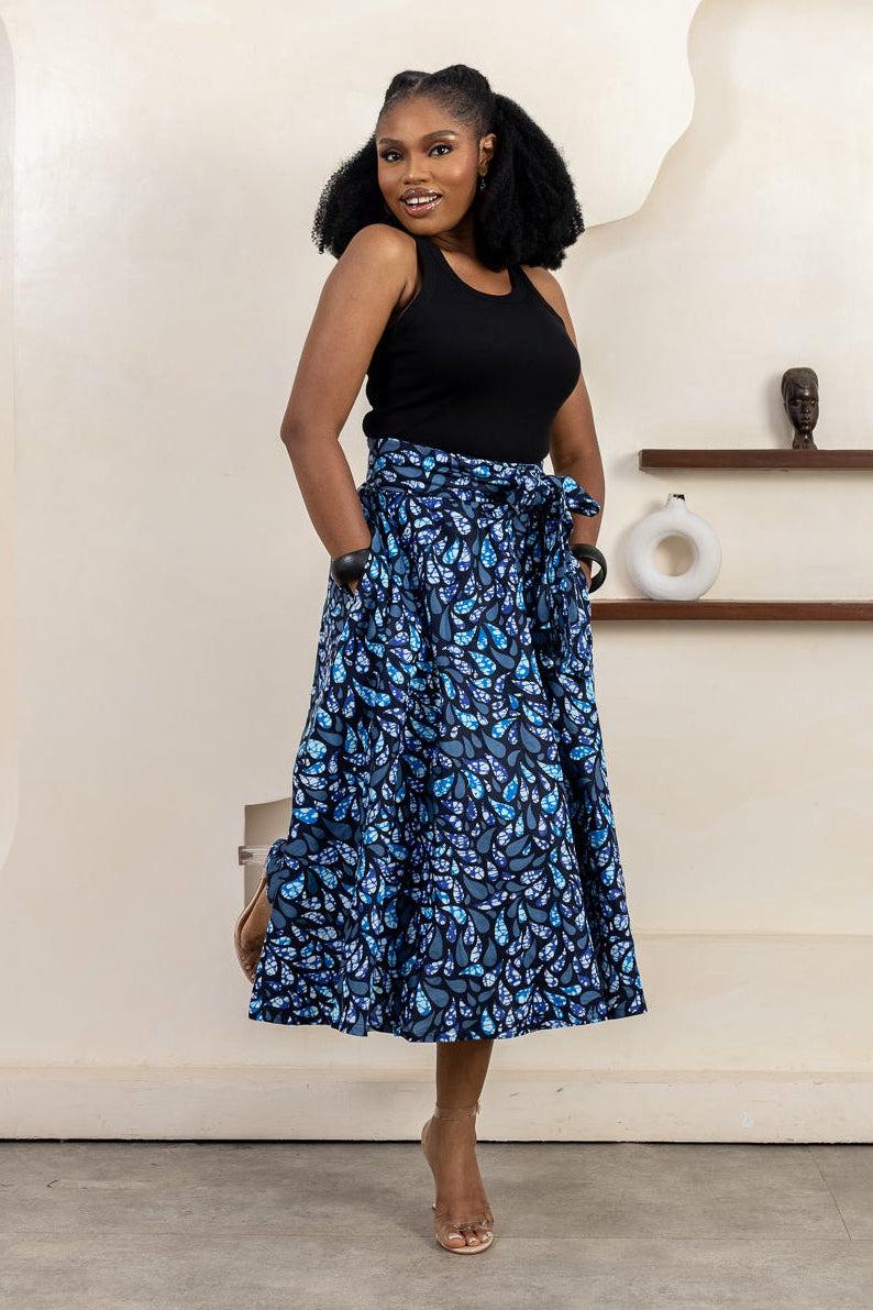 IDARA Ankara Flared Midi Skirt detail — handcrafted in Nigeria by Naborhi