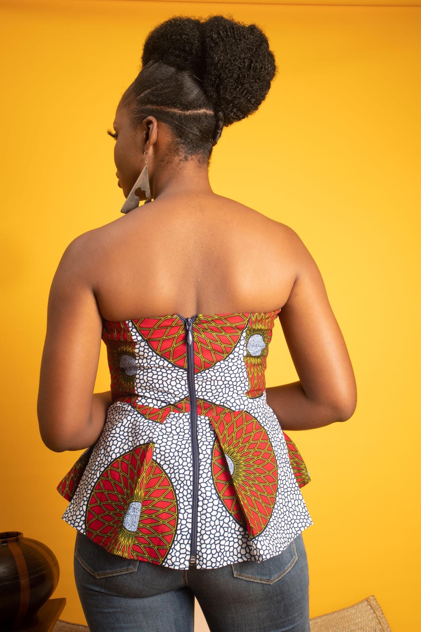 Sample: DALILA Ankara Strapless Peplum Top - Women (Size UK 10) — women's African print clothing by Naborhi