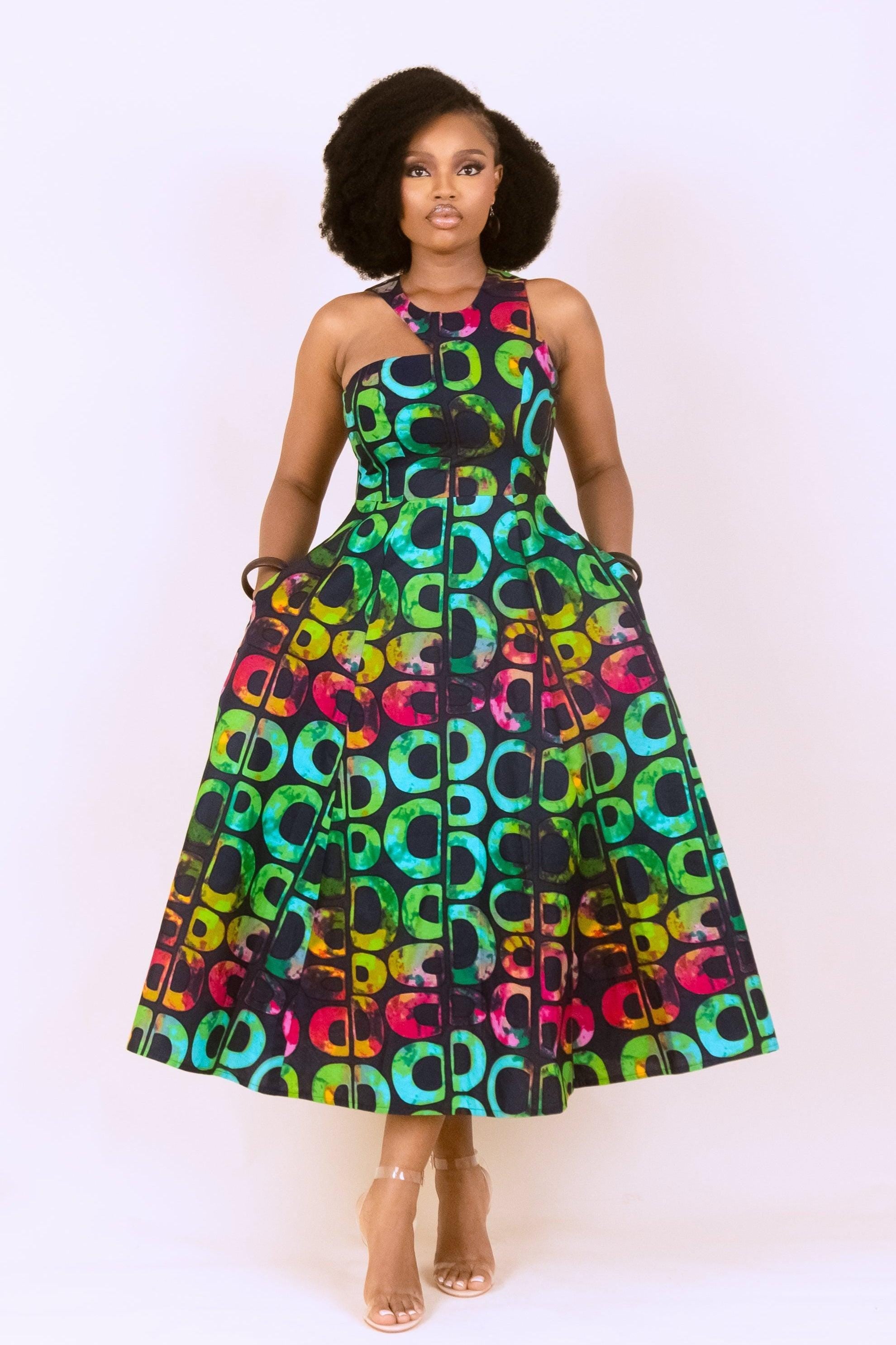 KESANDU Ankara Cut-Out Flared Midi Dress — women's African print clothing by Naborhi