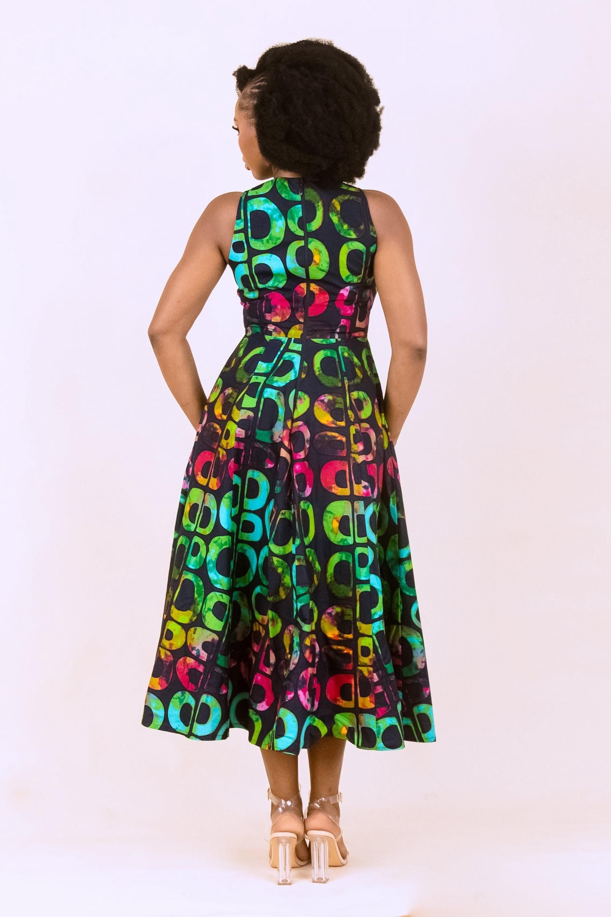 KESANDU Ankara Cut-Out Flared Midi Dress detail — handcrafted in Nigeria by Naborhi